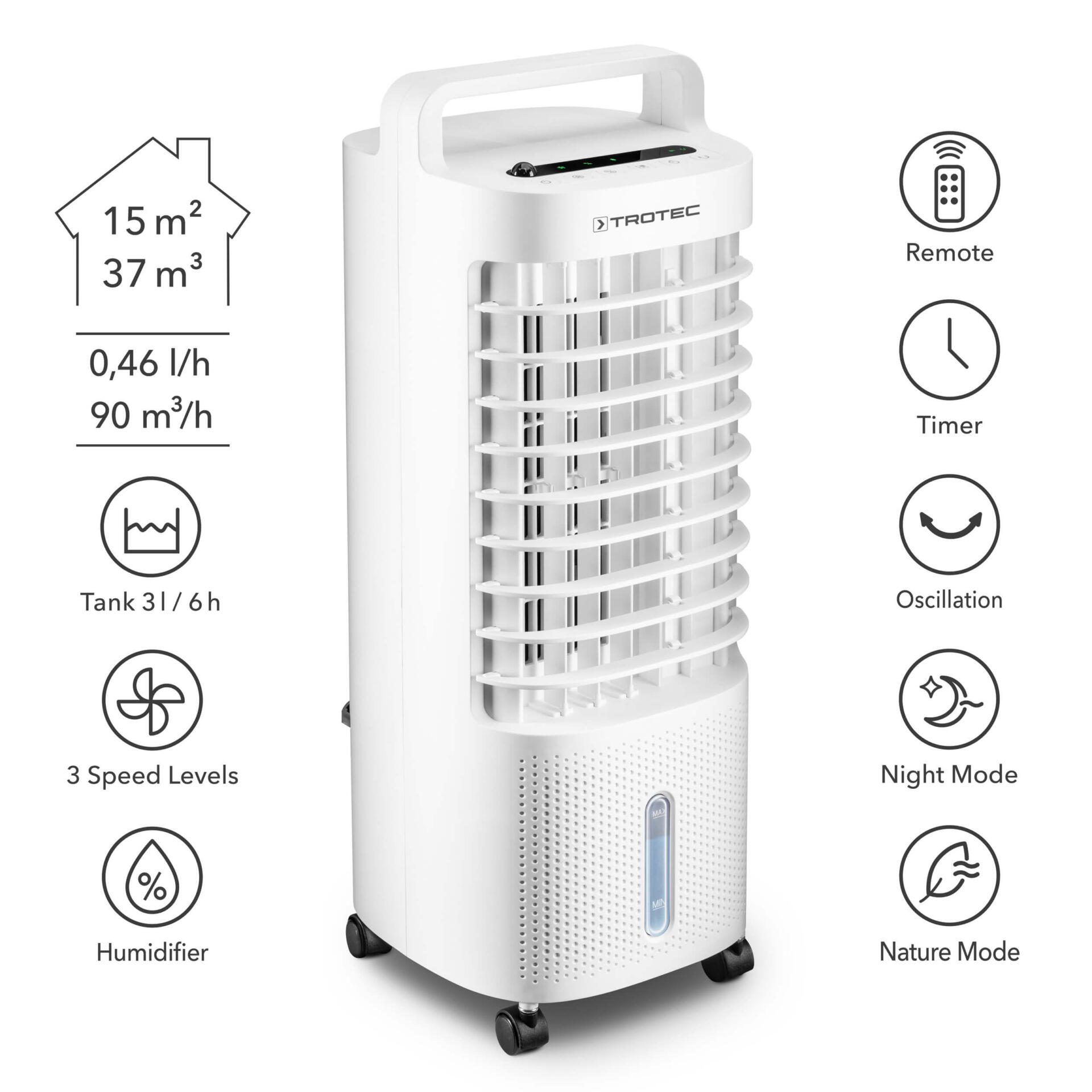 Weißer Aircooler PAE 11 von Trotec mit Luftbefeuchter- und Ventilatorfunktion. Ideal für ein angenehmes Raumklima.