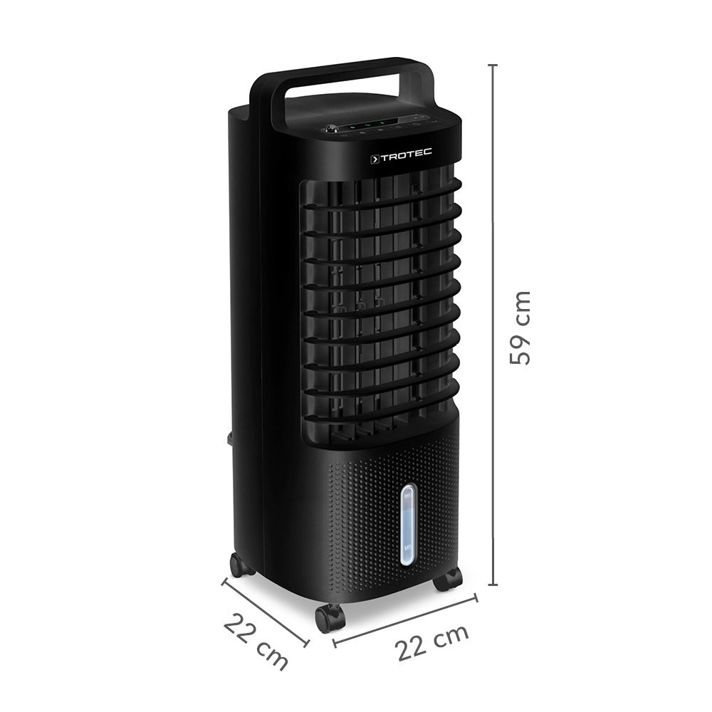 Schwarzer Trotec PAE 11 Aircooler Luftkühler, Luftbefeuchter, Ventilator mit Maßen 59x22cm. Ideal für Kühlung und Befeuchtung im Sommer.