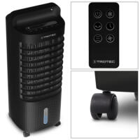 Schwarzer Trotec PAE 11 Aircooler Luftkühler Luftbefeuchter mit Fernbedienung und Rollen für einfache Bewegung und Kühlung. 124 Zeichen.