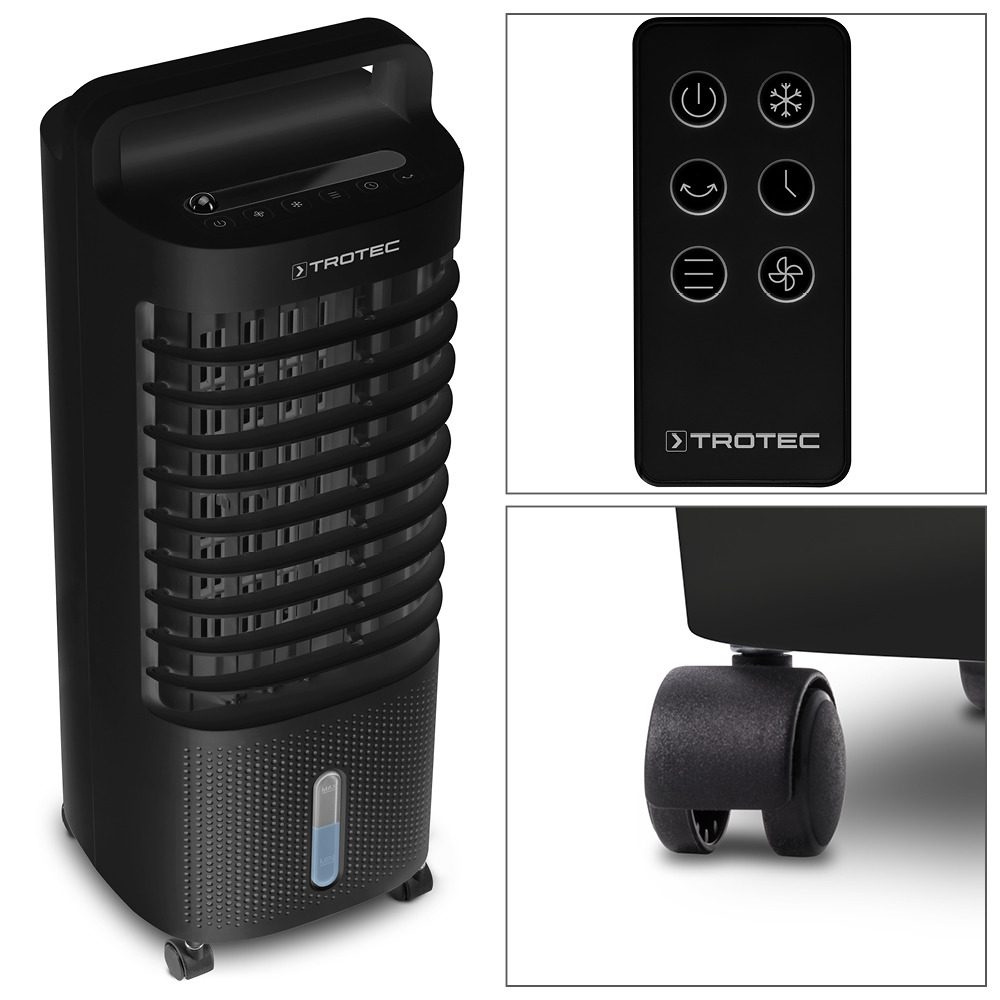 Schwarzer Trotec PAE 11 Aircooler Luftkühler Luftbefeuchter mit Fernbedienung und Rollen für einfache Bewegung und Kühlung. 124 Zeichen.