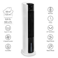 Weißer Aircooler PAE 30 von Trotec: Luftkühler, Luftbefeuchter und Ventilator in einem Gerät. Ideal für ein angenehmes Raumklima.