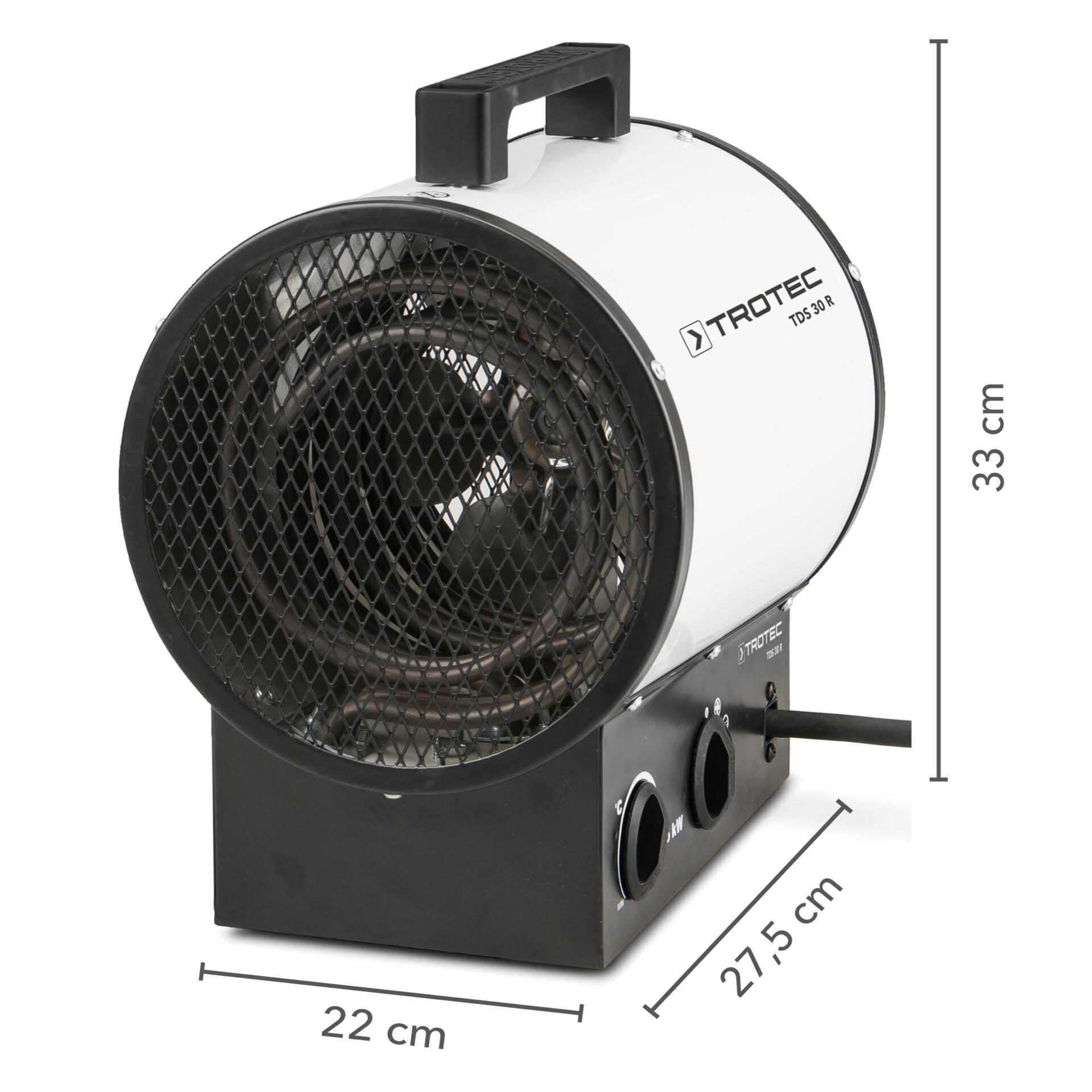 Detailaufnahme Elektroheizer TDS 30 R von Trotec. Heizspirale sichtbar, Maße eingeblendet: 33 cm Höhe, 27,5 cm Tiefe, 22cm Breite. Ideal für Baubeheizung.