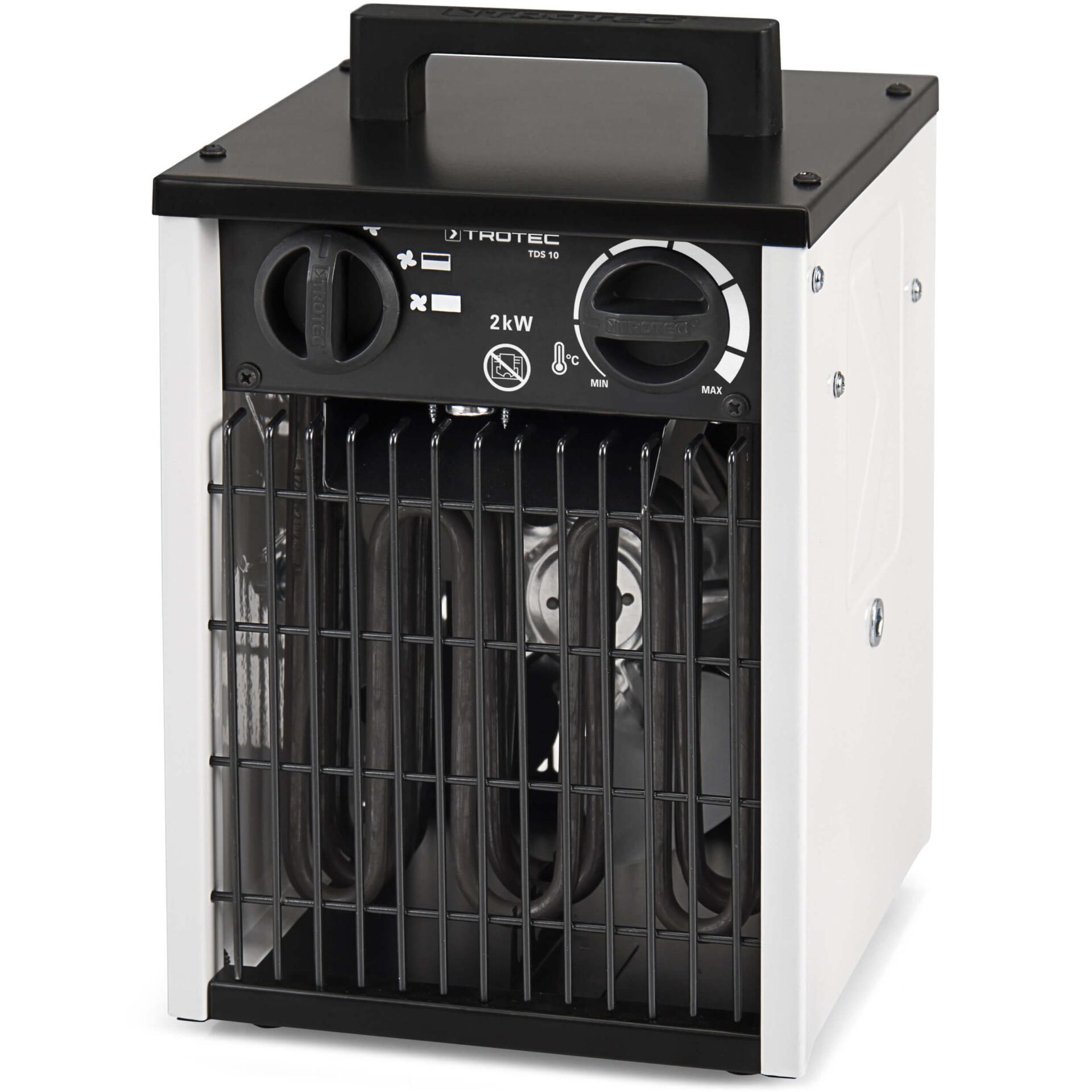 Elektroheizer TDS 10 von Trotec: Nahaufnahme des Heizgeräts. Kompakt, leistungsstark, 2kW Heizleistung, ideal für kleine Räume. Heizlüfter Detail.