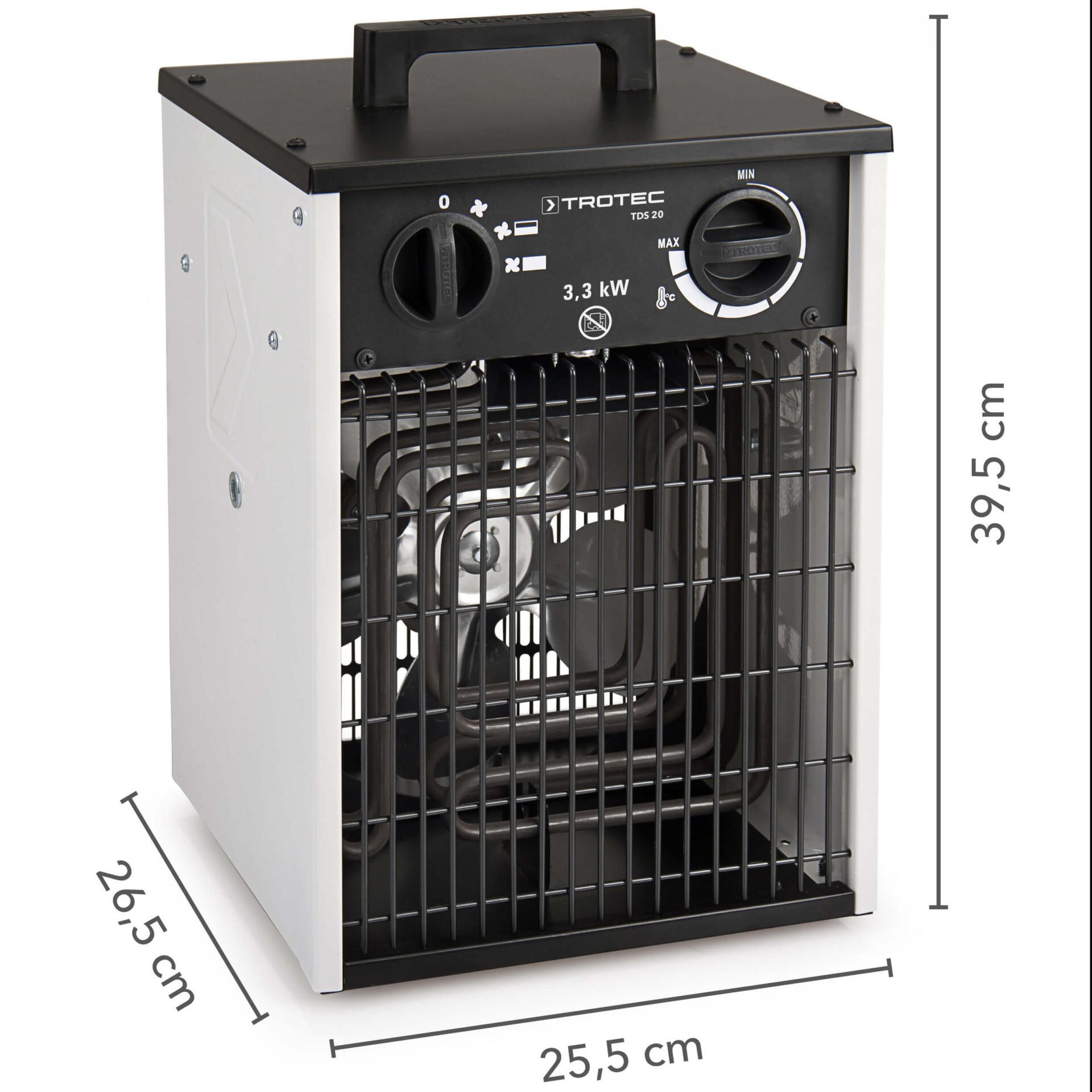 Elektroheizer TDS 20 von Trotec: Kompakter Heizlüfter mit 3,3 kW Leistung und Maßen 26,5 x 25,5 x 39,5 cm. Ideal für Baustellen und mehr.