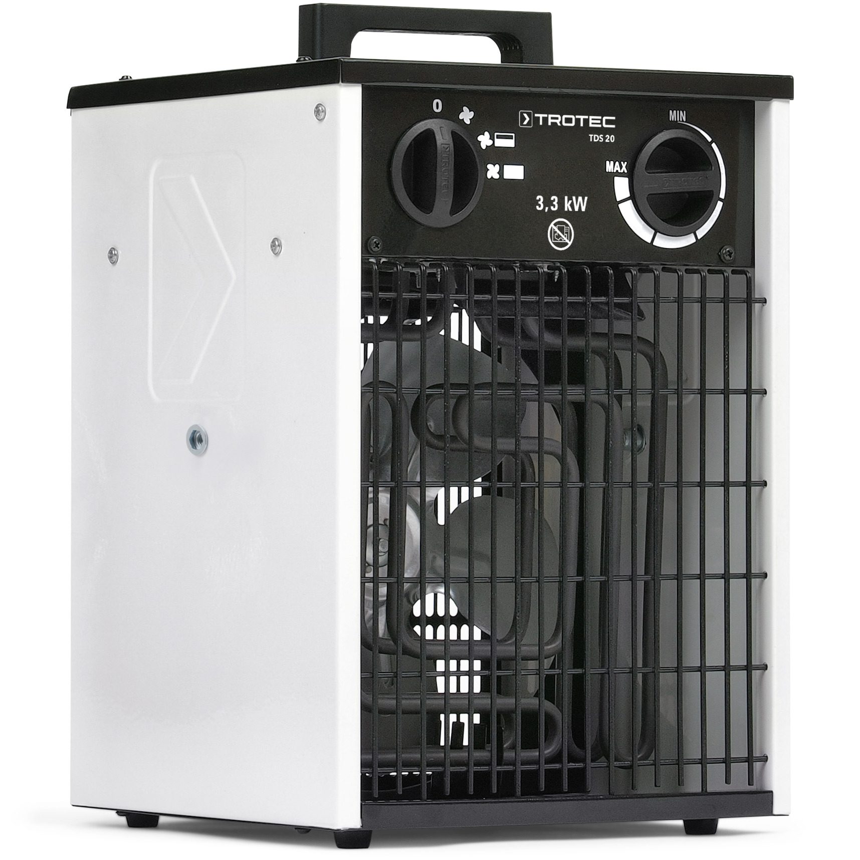 Elektroheizer TDS 20: Kompakter, tragbarer Trotec Heizlüfter mit 3,3 kW Leistung. Ideal zur schnellen, mobilen Beheizung kleiner Räume. Robustes Design.