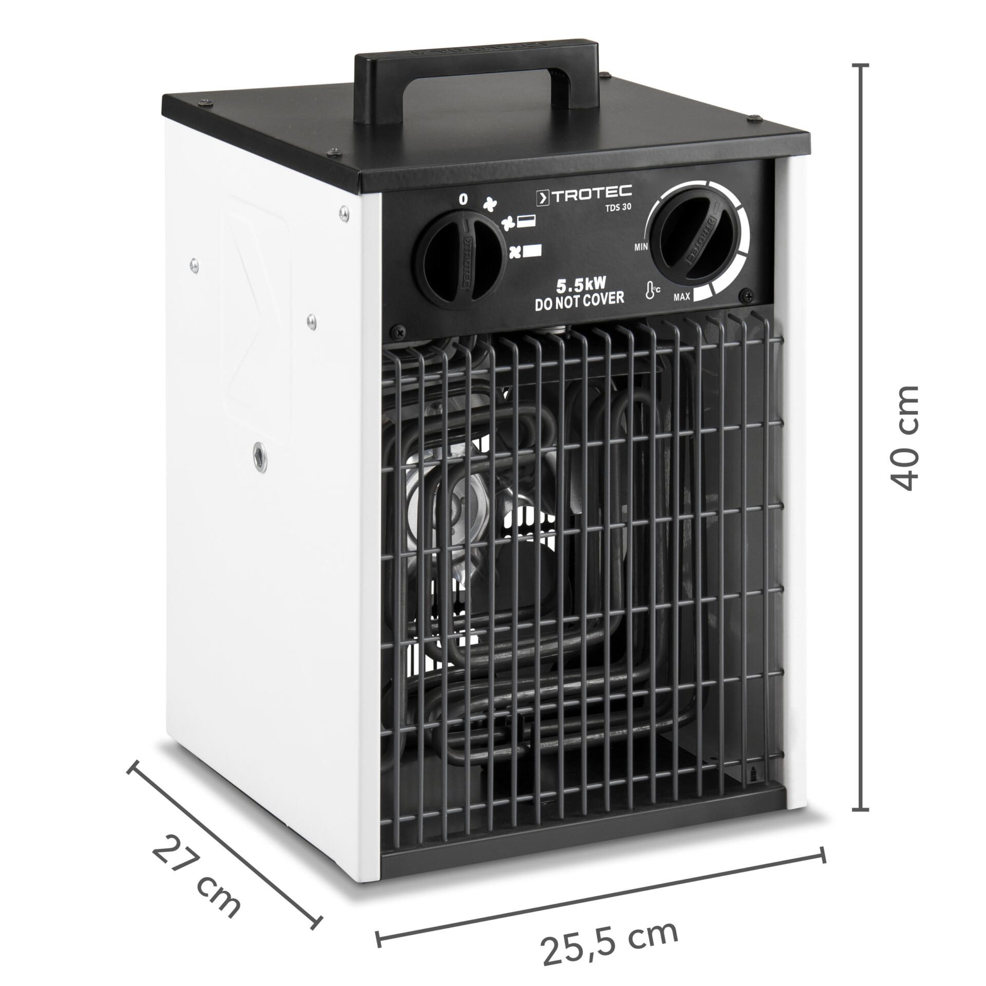 Elektroheizer TDS 30 von Trotec: Kompaktes Heizgerät mit 5,5 kW Leistung für Baustellen und Co. Sicher, robust, effizient. Ideal für schnelle Wärme.