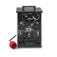 Nahaufnahme des Elektroheizers TDS 30 von Trotec. Das Gerät ist schwarz-weiß und hat ein rotes Stromkabel. Elektroheizung für Baustellen und mehr.