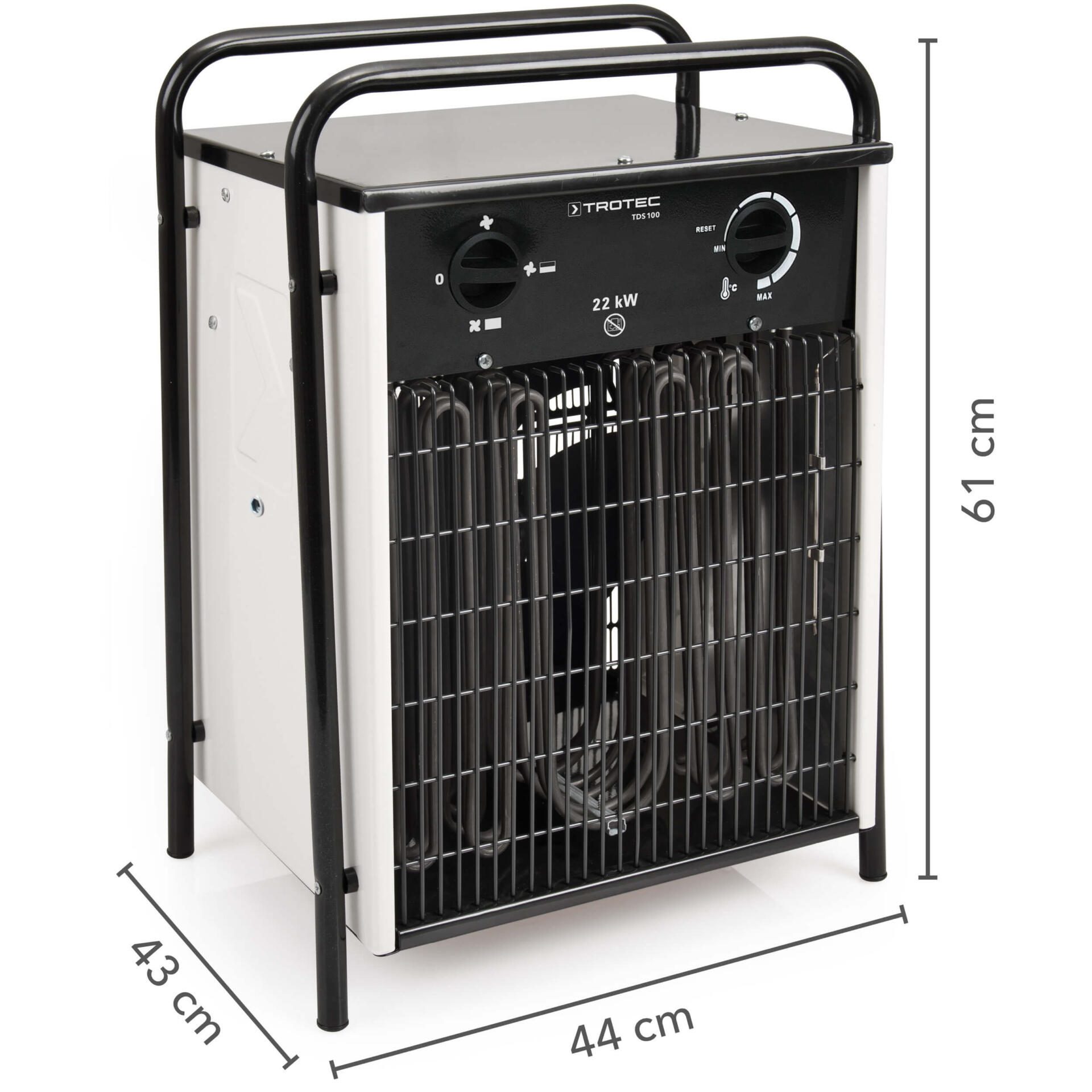 Detailaufnahme des Elektroheizers TDS 100 von Trotec. Das Gerät ist weiß/schwarz, zeigt Maße: 61cm Höhe, 44cm Breite und 43cm Tiefe. Ideal für Baustellen.