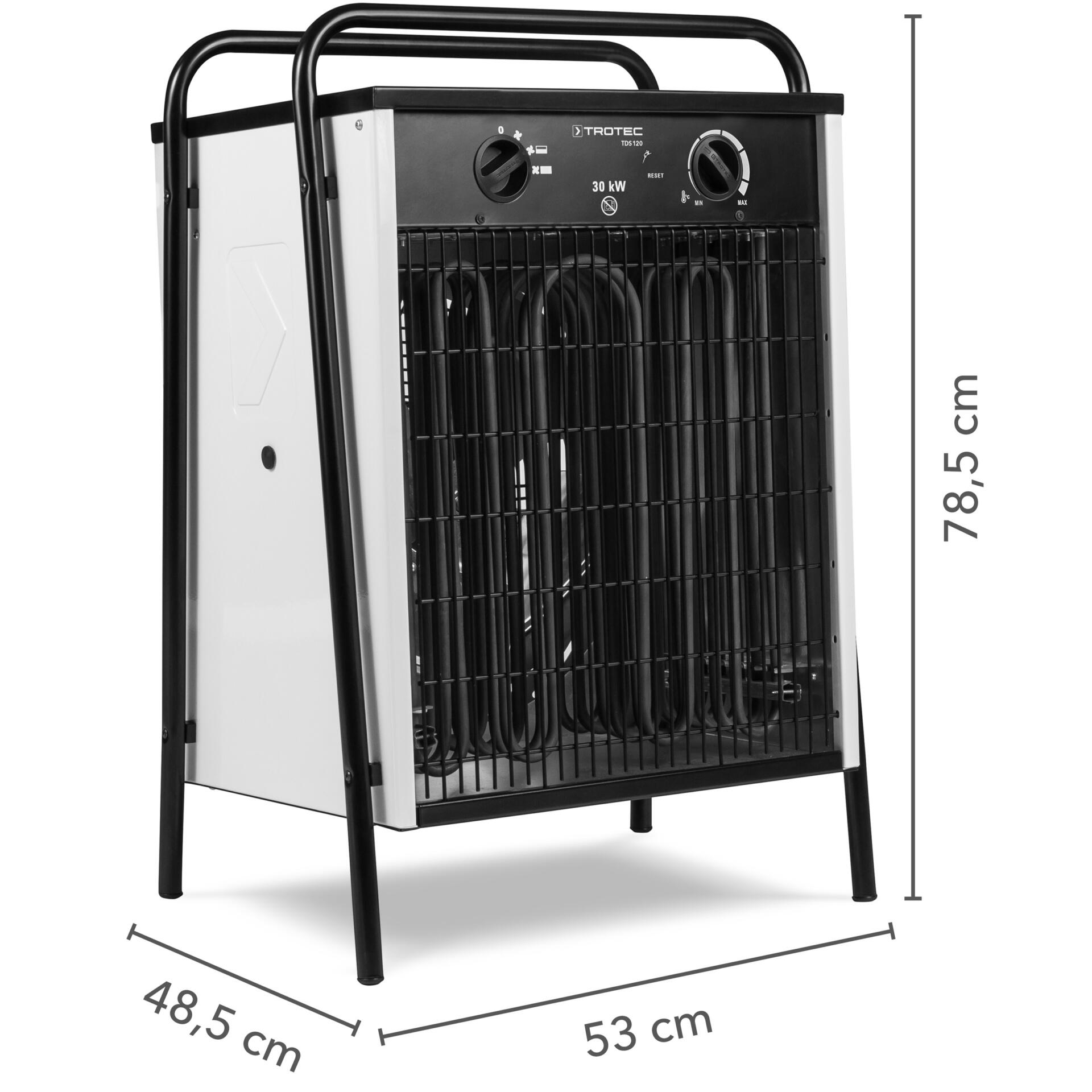 Elektroheizer TDS 120: Detailansicht des leistungsstarken Heizgeräts mit Maßen. Ideal für Baustellen und große Räume. Elektroheizer für Profis.