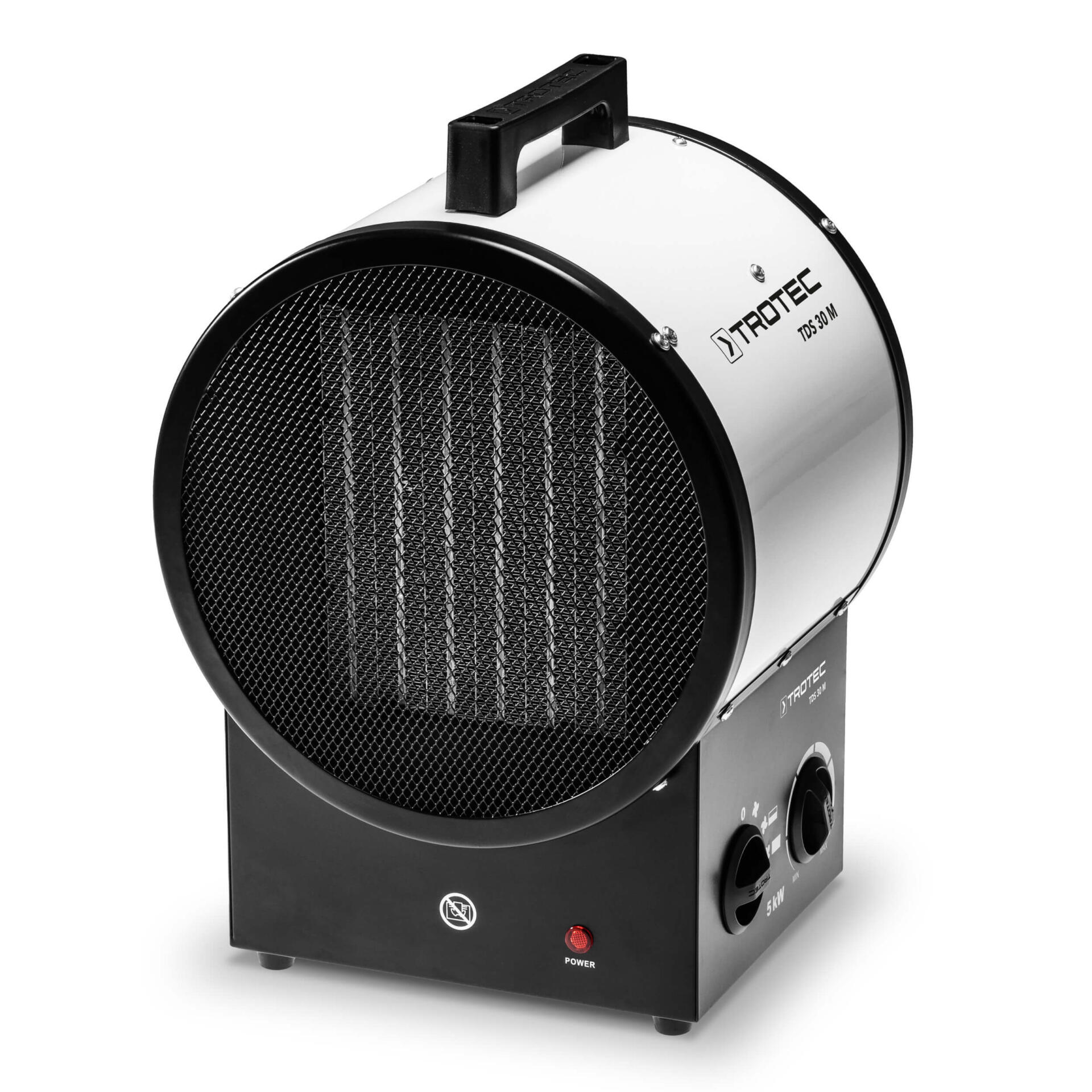 Nahaufnahme des Keramik-Heizlüfter TDS 30 M von Trotec, ideal für Baustellen. Das Gerät ist weiß und schwarz und hat ein robustes Design.