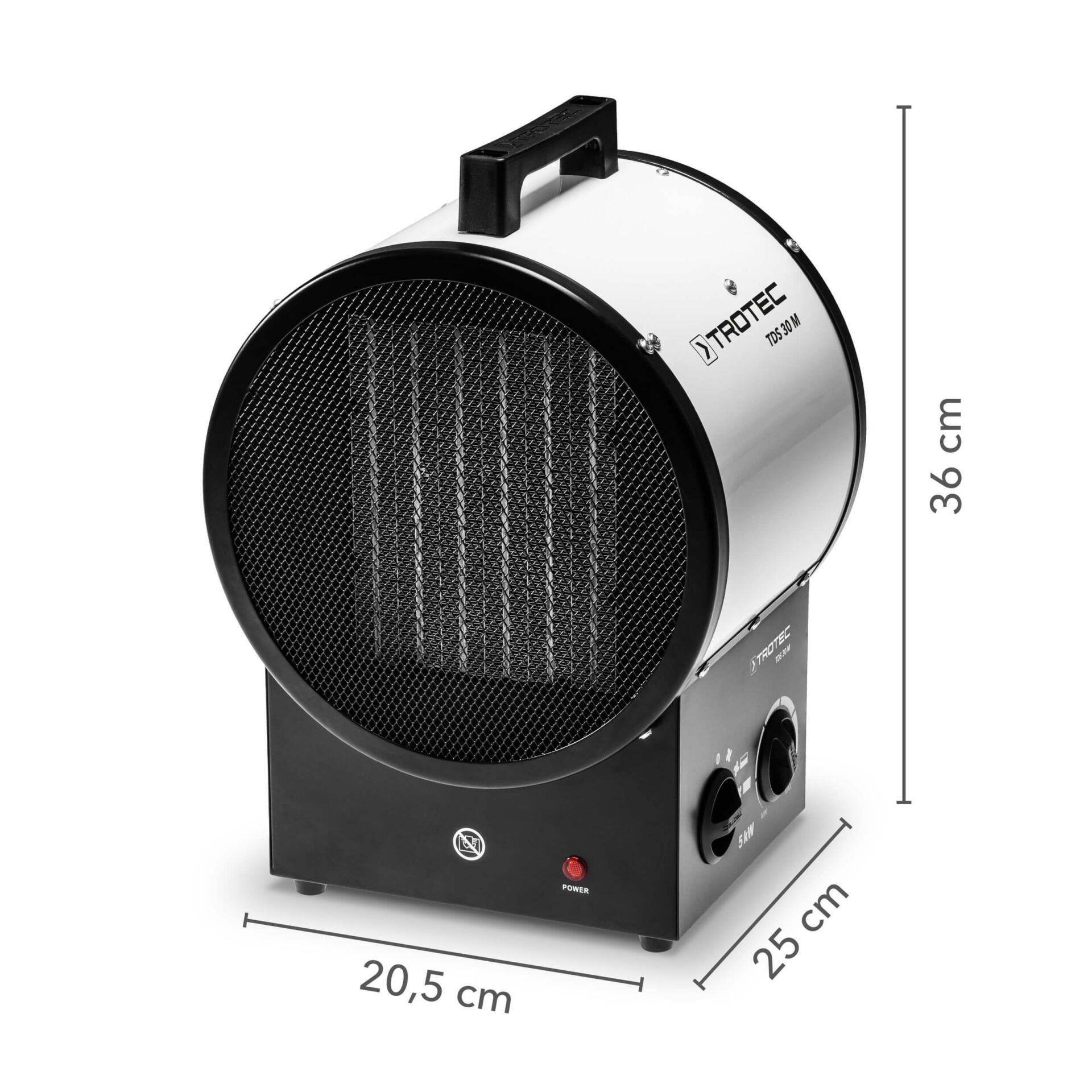 Keramik-Heizlüfter TDS 30 M: Detailansicht des tragbaren Elektroheizers von Trotec. Ideal für Baustellen und Werkstätten. Kompaktes Design.