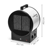 Keramik-Heizlüfter TDS 50 M: Detailaufnahme des Geräts mit Maßen. Ideal für Baustellen und große Räume. Robuster, leistungsstarker Heizlüfter.