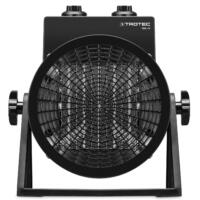 Detailaufnahme des schwarzen Keramik-Heizlüfter TDX 19 von Trotec. Das Gerät steht auf einem Tisch und ist von vorn abgebildet.