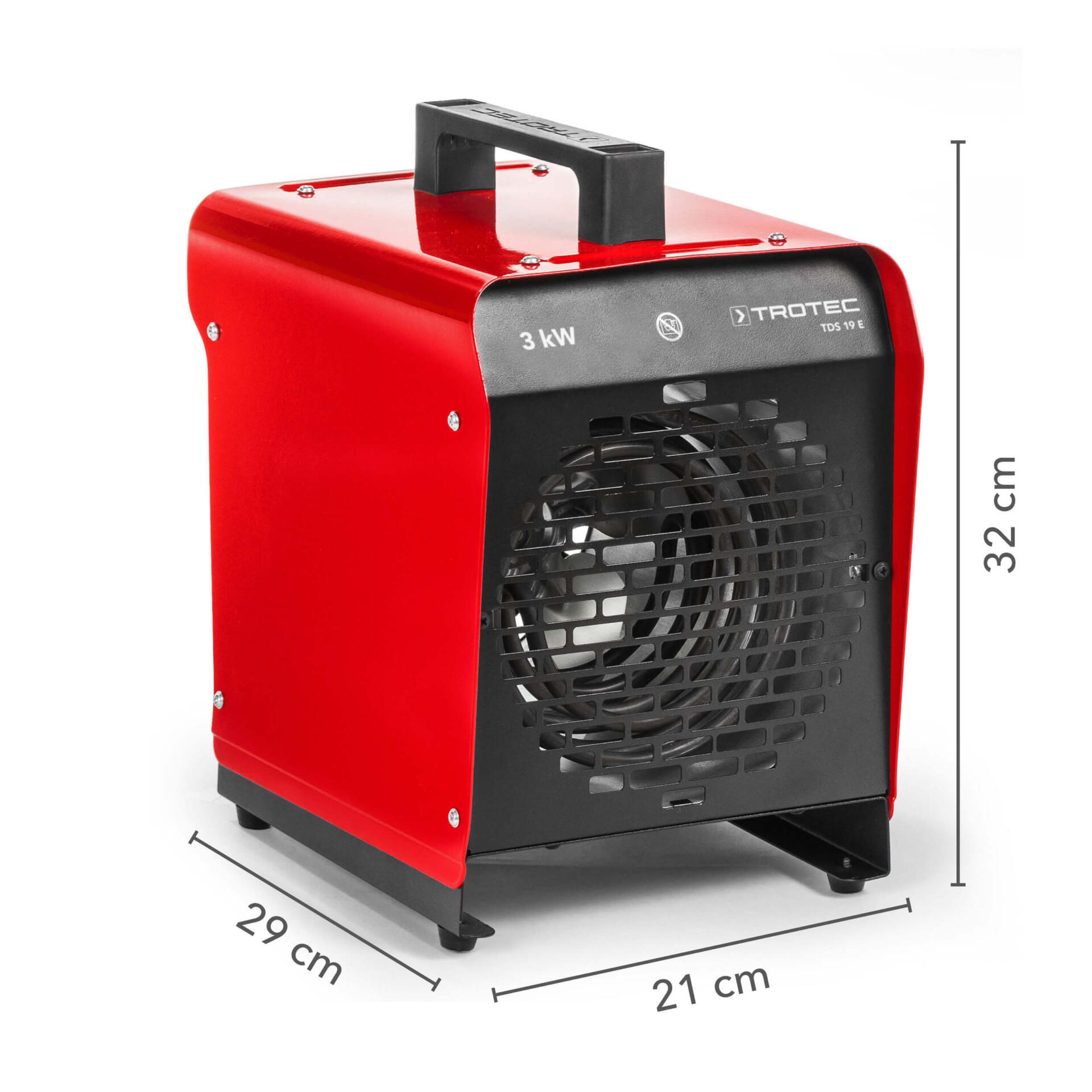 Rotes Elektroheizgebläse TDS 19 E von Trotec mit Maßen. Ideal für Baustellen und Werkstätten. Kompakte Bauweise, leistungsstarke Heizung.