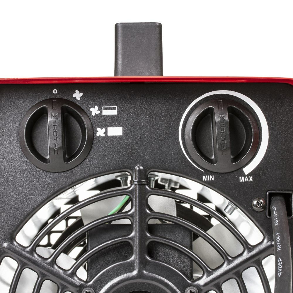 Detailansicht eines Elektroheizgebläse TDS 19 E von Trotec. Drehregler für Gebläse und Heizleistung im Fokus. Heizgerät für schnelle Wärme.