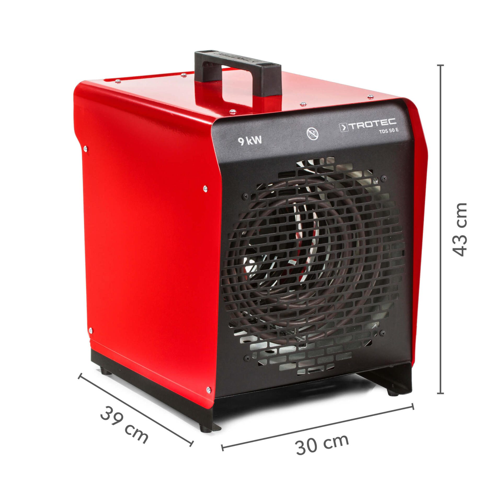 Roter Elektroheizlüfter TDS 50 E von Trotec: Kompaktes Heizgerät mit 9 kW Leistung, ideal für Baustellen und Werkstätten. Heizgebläse im Detail.