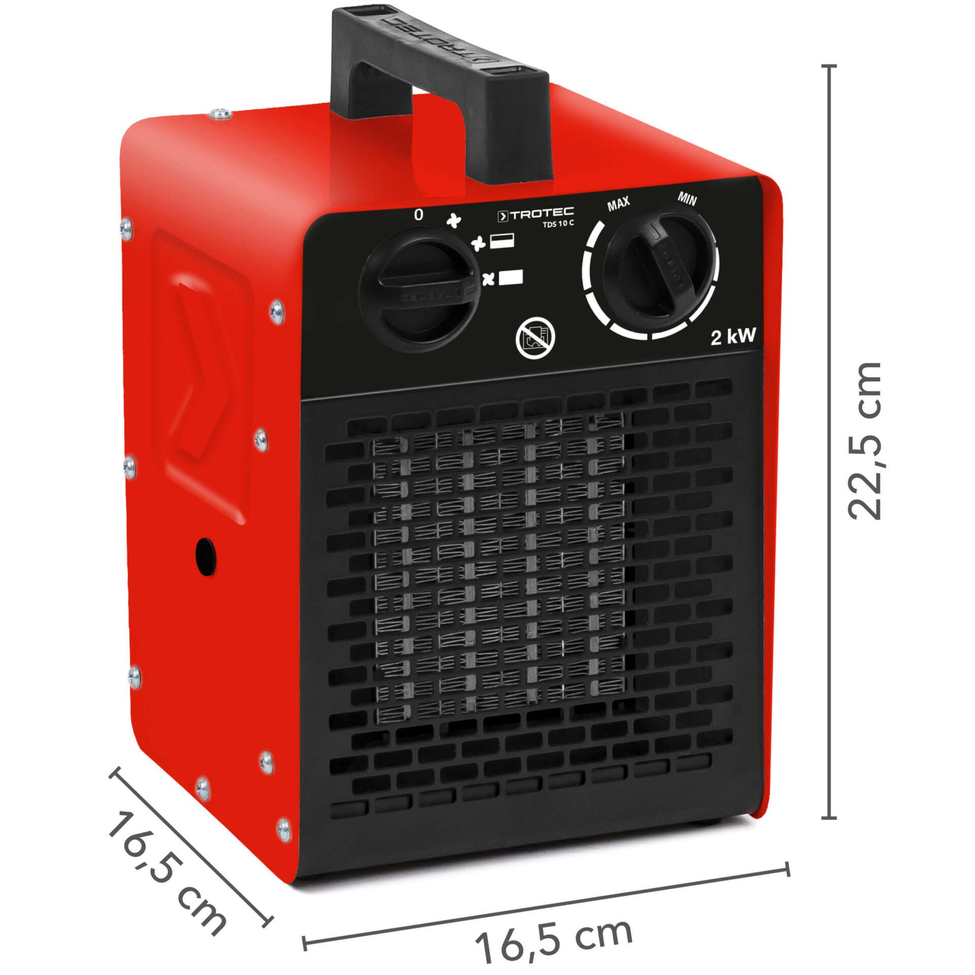 Roter Keramik-Heizlüfter TDS 10 C von Trotec mit Maßen 16,5 x 16,5 x 22,5 cm. Ideal für schnelle, mobile Wärme. 2kW Heizleistung.