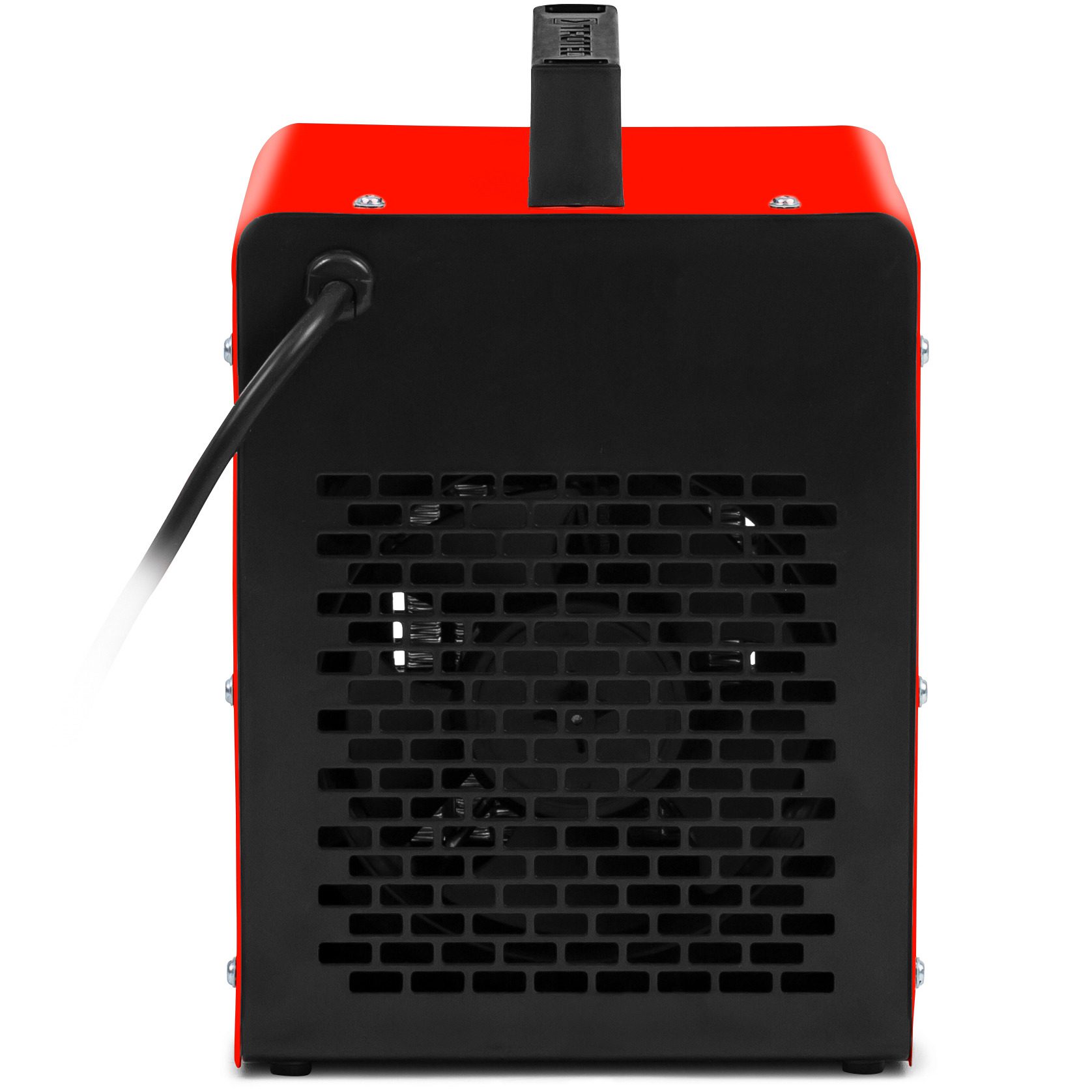 Rückansicht Keramik-Heizlüfter TDS 10 C: Roter Heizlüfter mit schwarzem Gitter und Tragegriff. Ideal für Baustellen und kleine Räume.