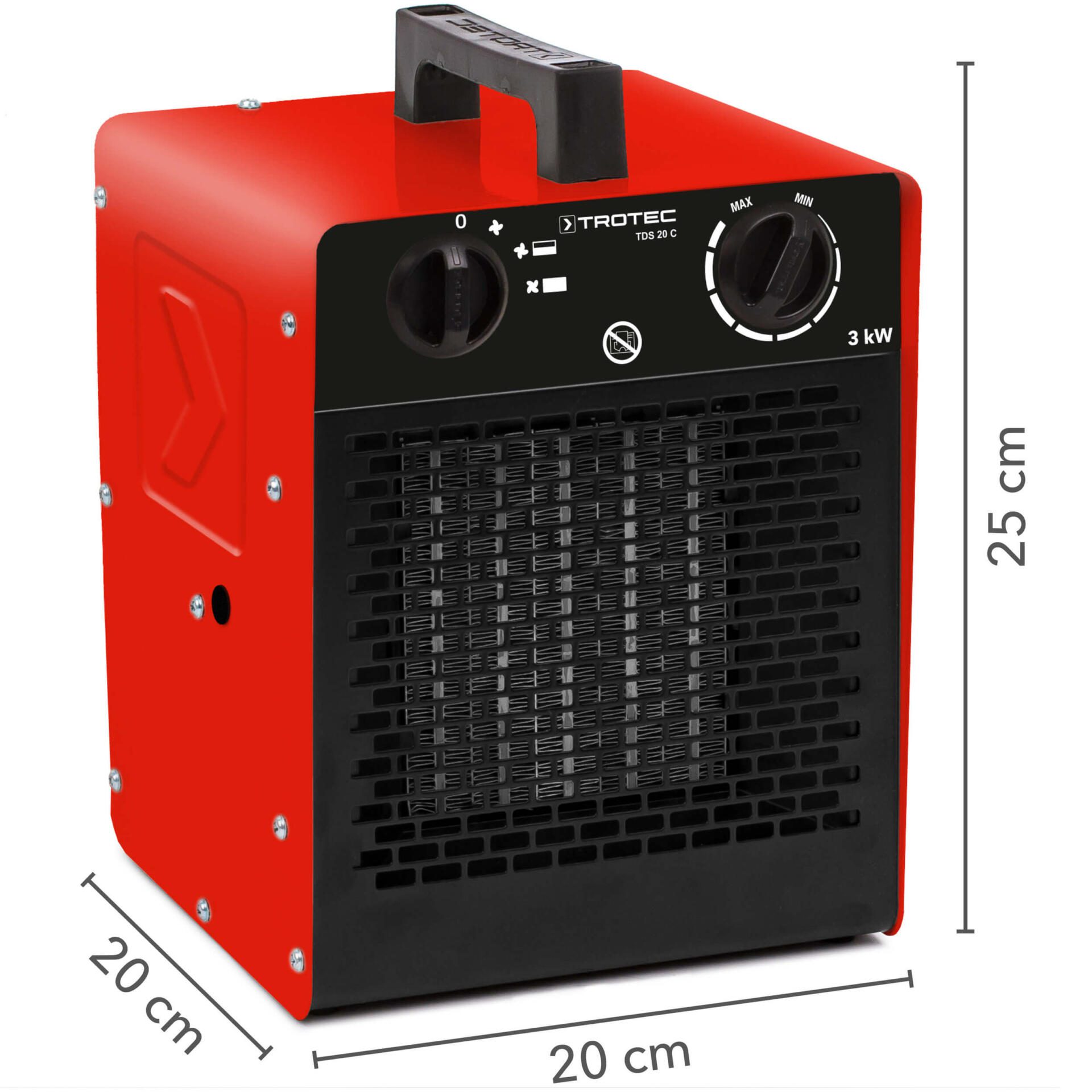 Roter Keramik-Heizlüfter TDS 20 C von Trotec, 3kW Leistung, mit Bedienelementen und Maßangaben (20x20x25 cm). Ideal für schnelle, punktuelle Wärme.