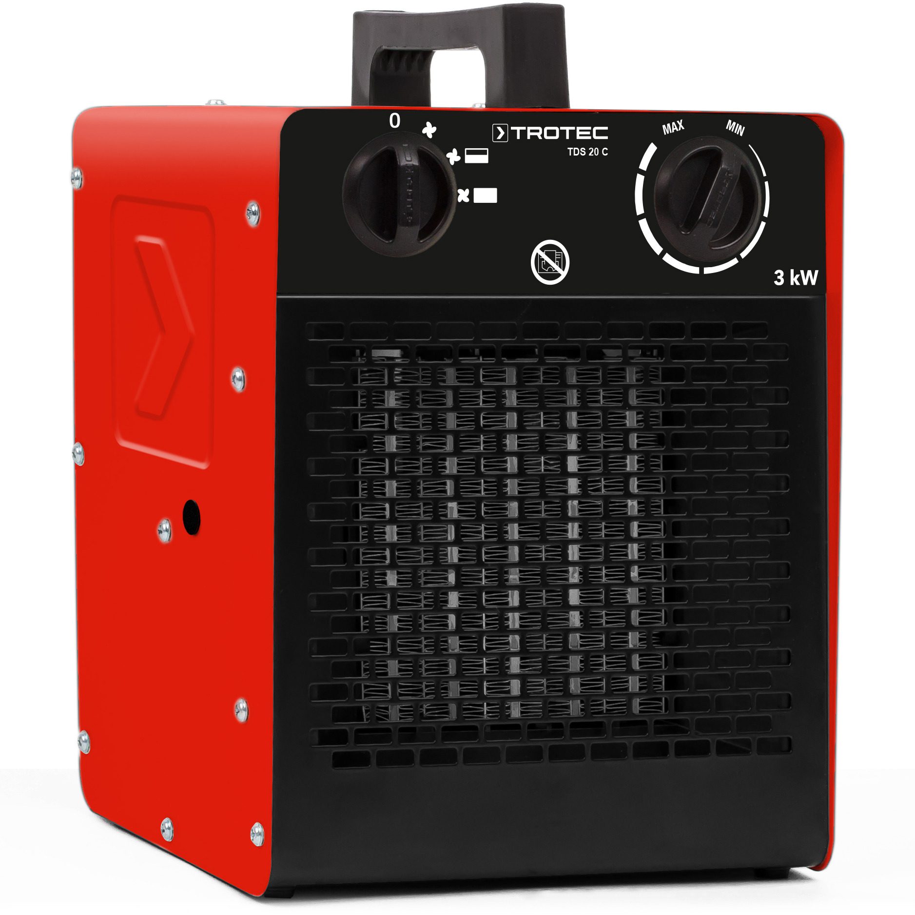 Roter Keramik-Heizlüfter TDS 20 C von Trotec. Kompakt, leistungsstark, ideal für Baustellen und kleine Räume. Heizleistung 3 kW, robustes Design.