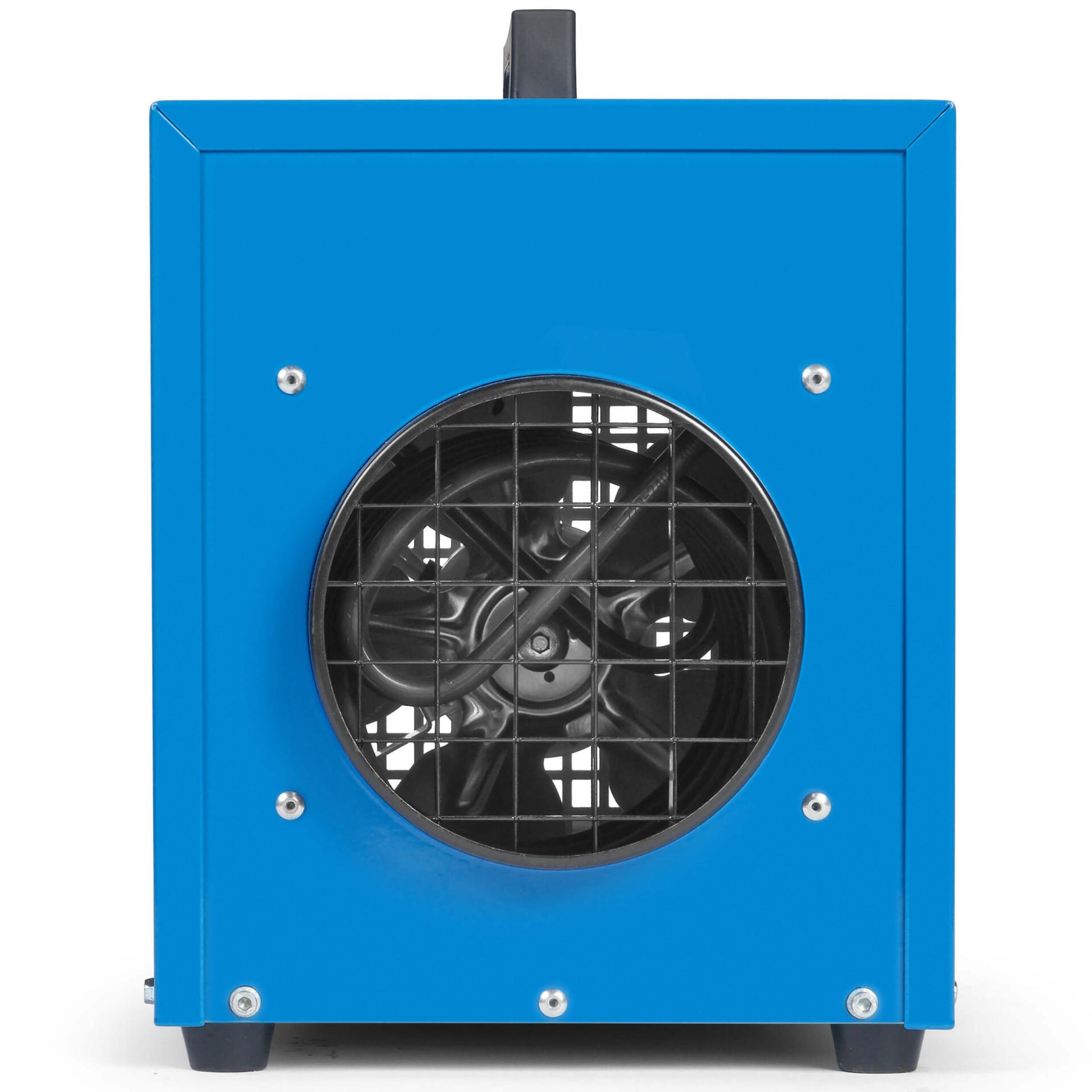 Blauer Elektroheizer TDE 25 V2: Kompaktes Heizgerät mit Schutzgitter und Tragegriff für Baustellen und Werkstätten. Effiziente Wärme für jeden Einsatz.