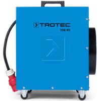Elektroheizer TDE 95 von Trotec: Blaue, mobile Heizung mit Rollen, Kabel und Stecker. Ideal für Baustellen und zur schnellen Wärmeerzeugung.