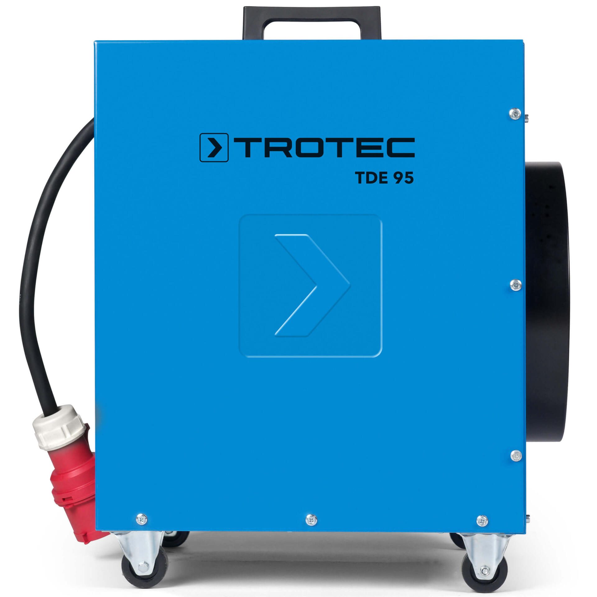 Elektroheizer TDE 95 von Trotec: Blaue, mobile Heizung mit Rollen, Kabel und Stecker. Ideal für Baustellen und zur schnellen Wärmeerzeugung.