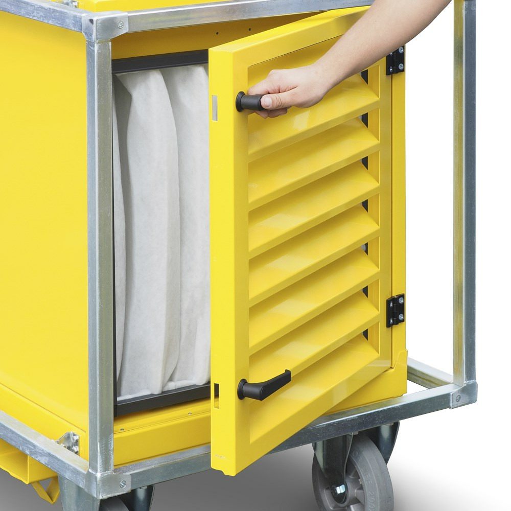 Elektroheizer TEH 200: Gelber Heizlüfter mit geöffneter Klappe und Filter. Ideal für Baustellen und Industrie. Robuster und mobiler Elektroheizer.