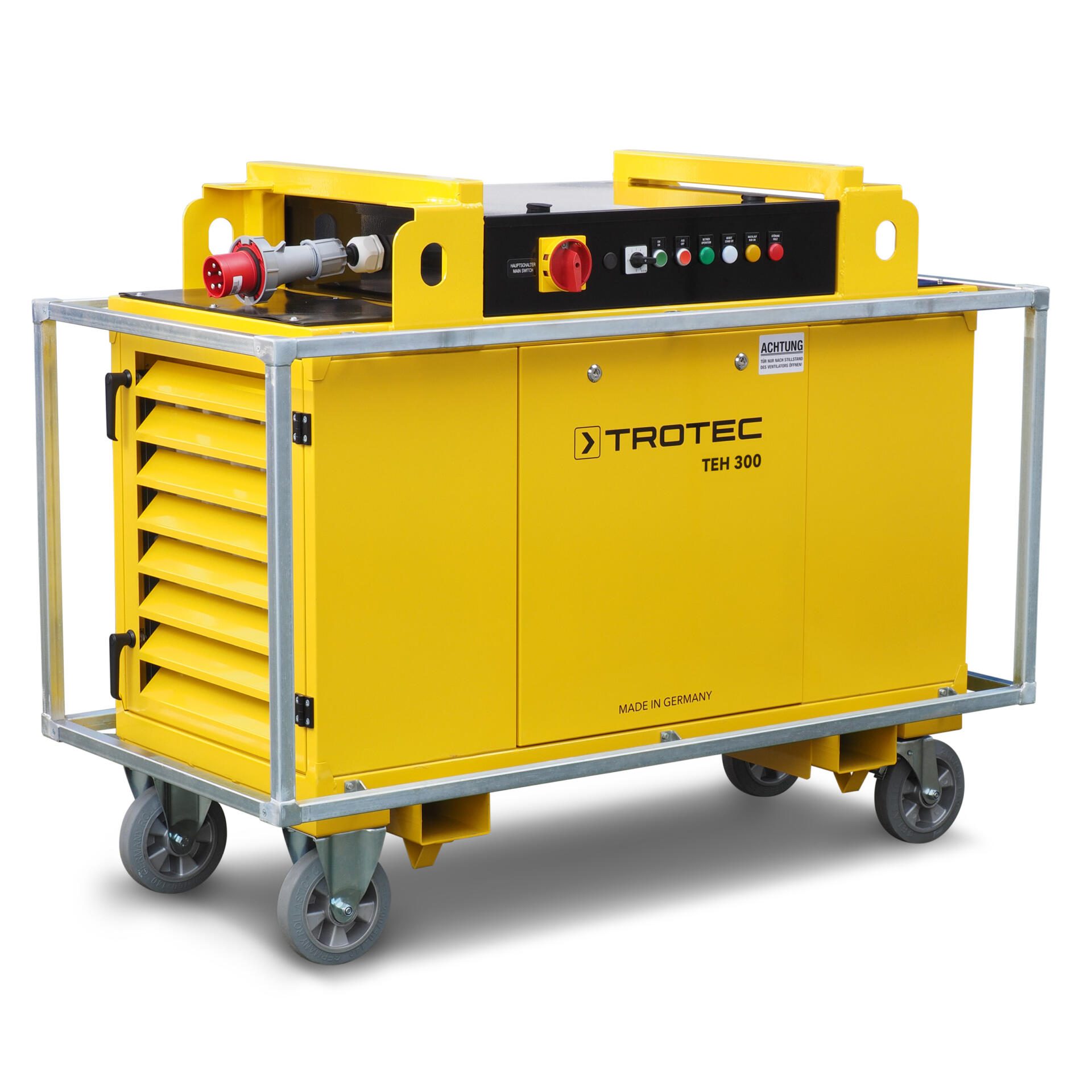 Gelber Elektroheizer TEH 300 von Trotec auf Rollen. Kompaktes Design, ideal für Baustellen und Gewerbe. Leistungsstark und mobil. Elektroheizer TEH 300