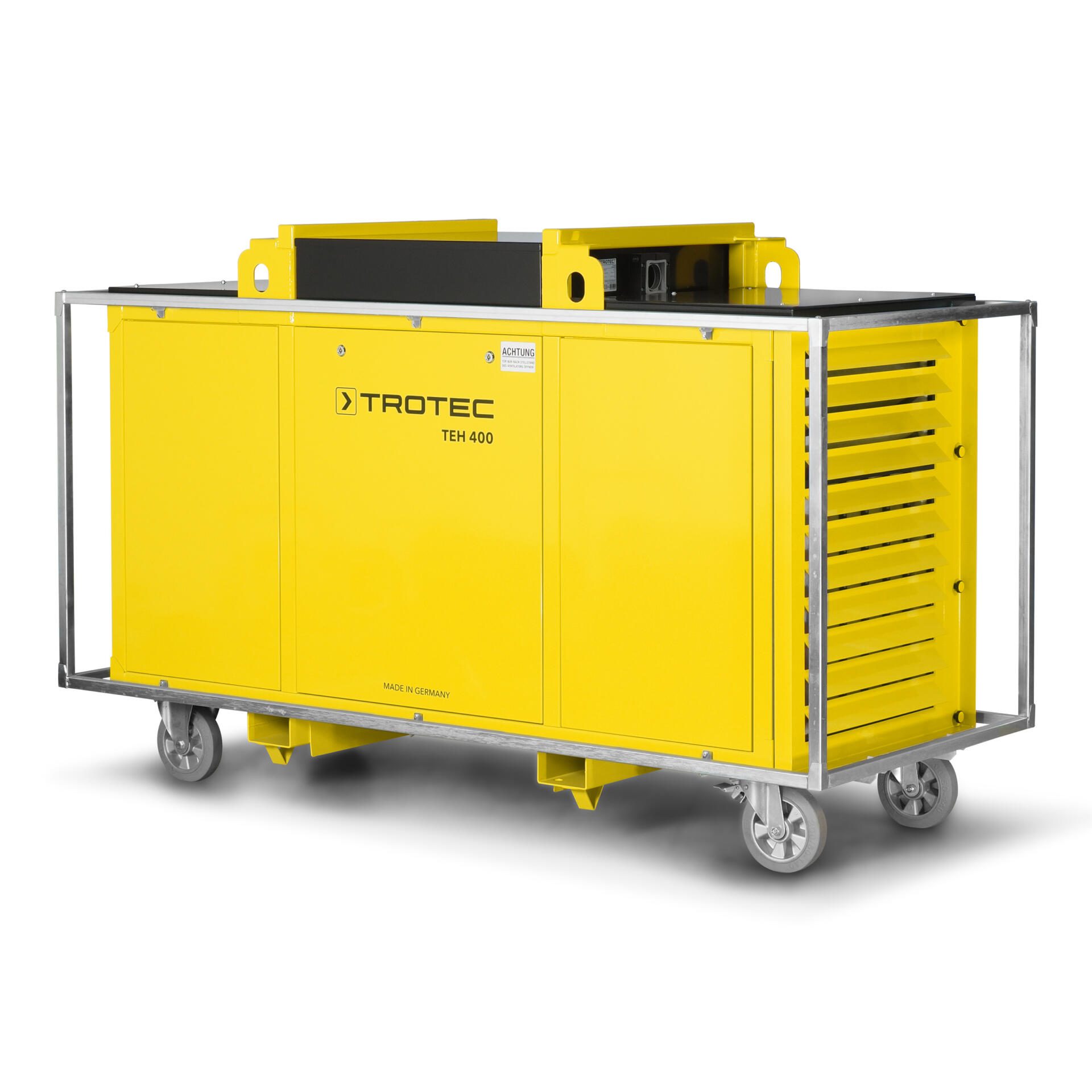 Elektroheizer TEH 400 von Trotec: Gelbes, mobiles Heizgerät mit Rollen und Stahlrahmen. Ideal für Baustellen und Industrieheizung. Made in Germany.