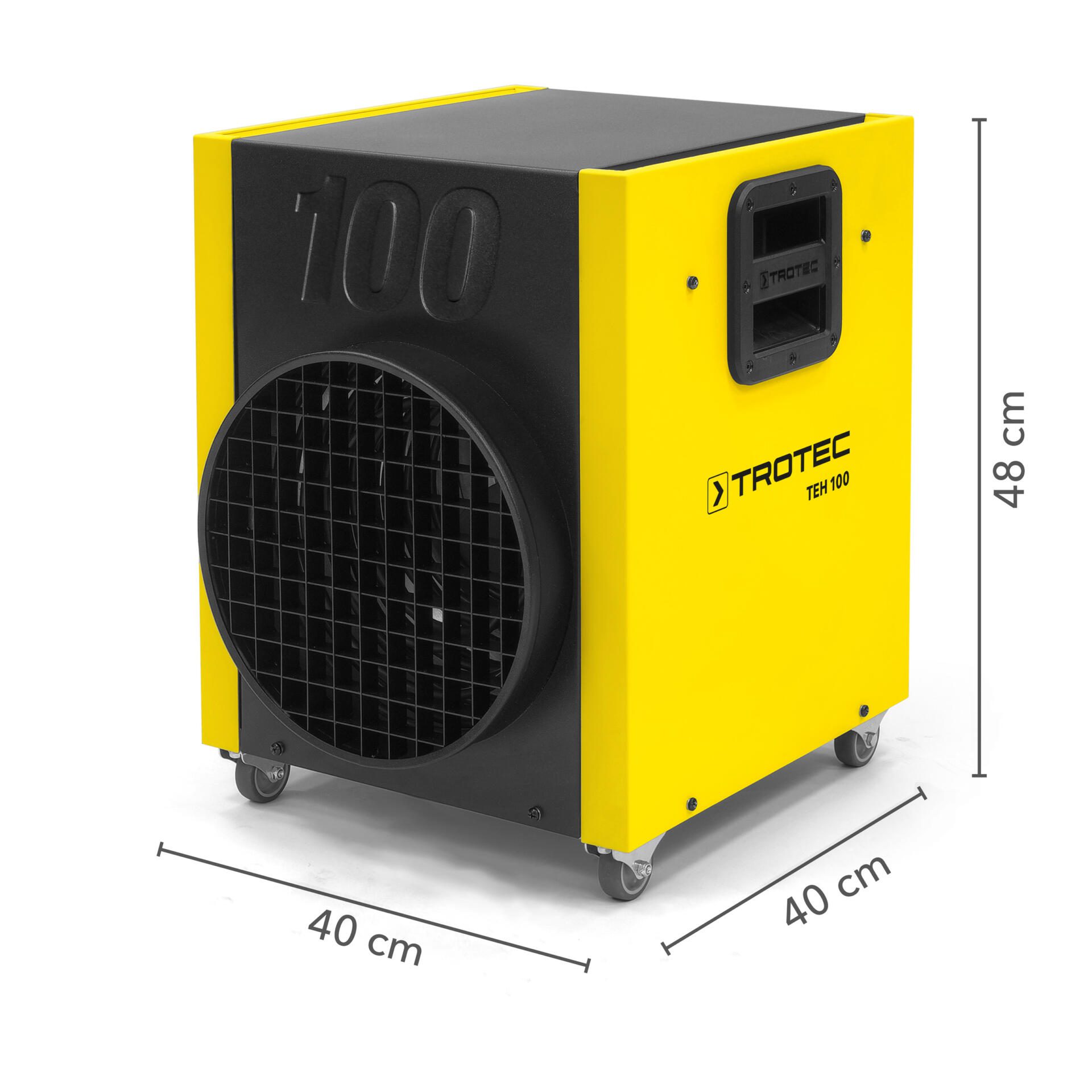 Elektroheizer TEH 100 Detailansicht: Gelb-schwarzer Heizlüfter mit Maßen 40x40x48 cm. Ideal für Baubeheizung und schnelle Wärmeerzeugung.