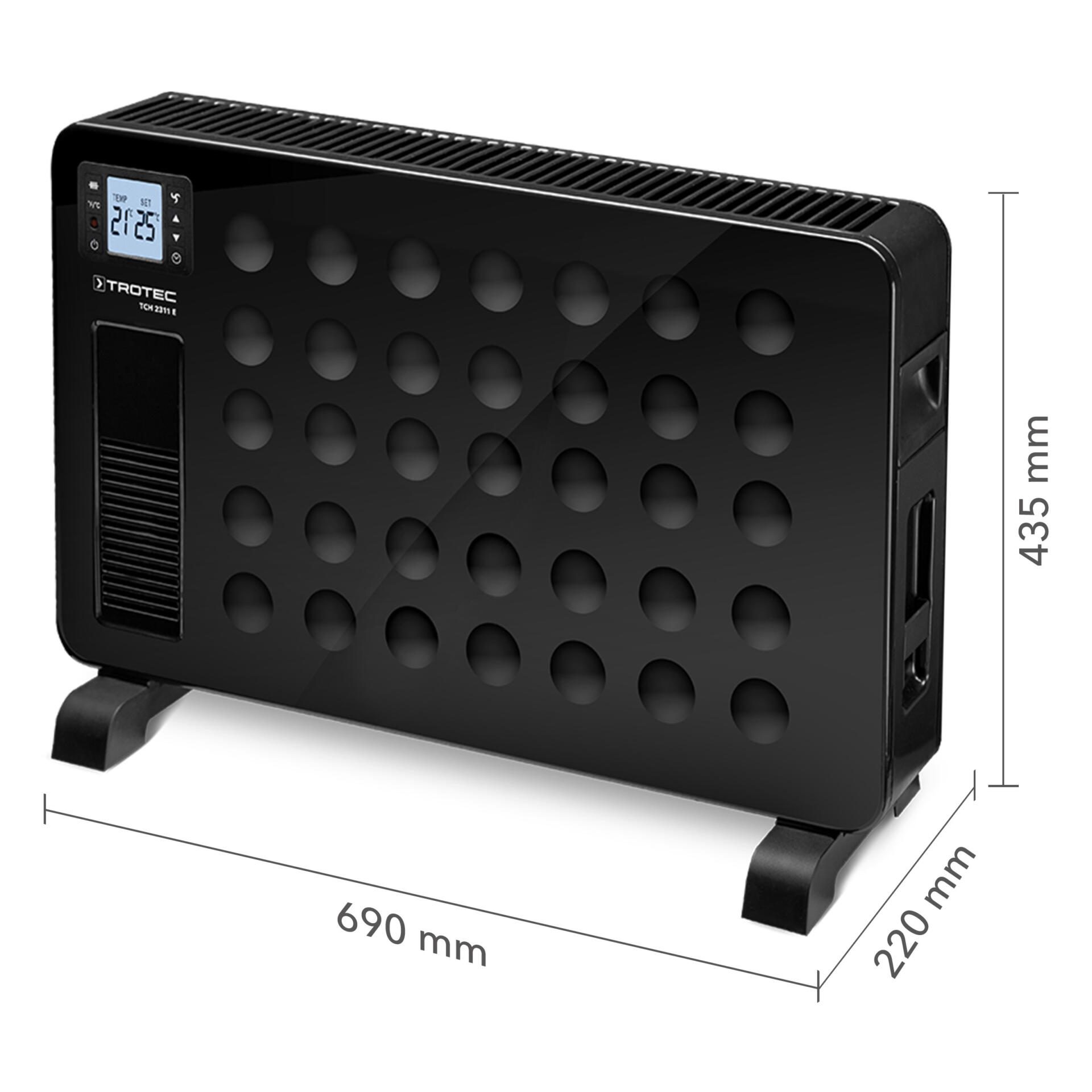 Schwarzer Design Konvektor TCH 2311 E von Trotec. Elegantes Heizgerät mit digitaler Anzeige und Abmessungen. Ideal für moderne Wohnräume.