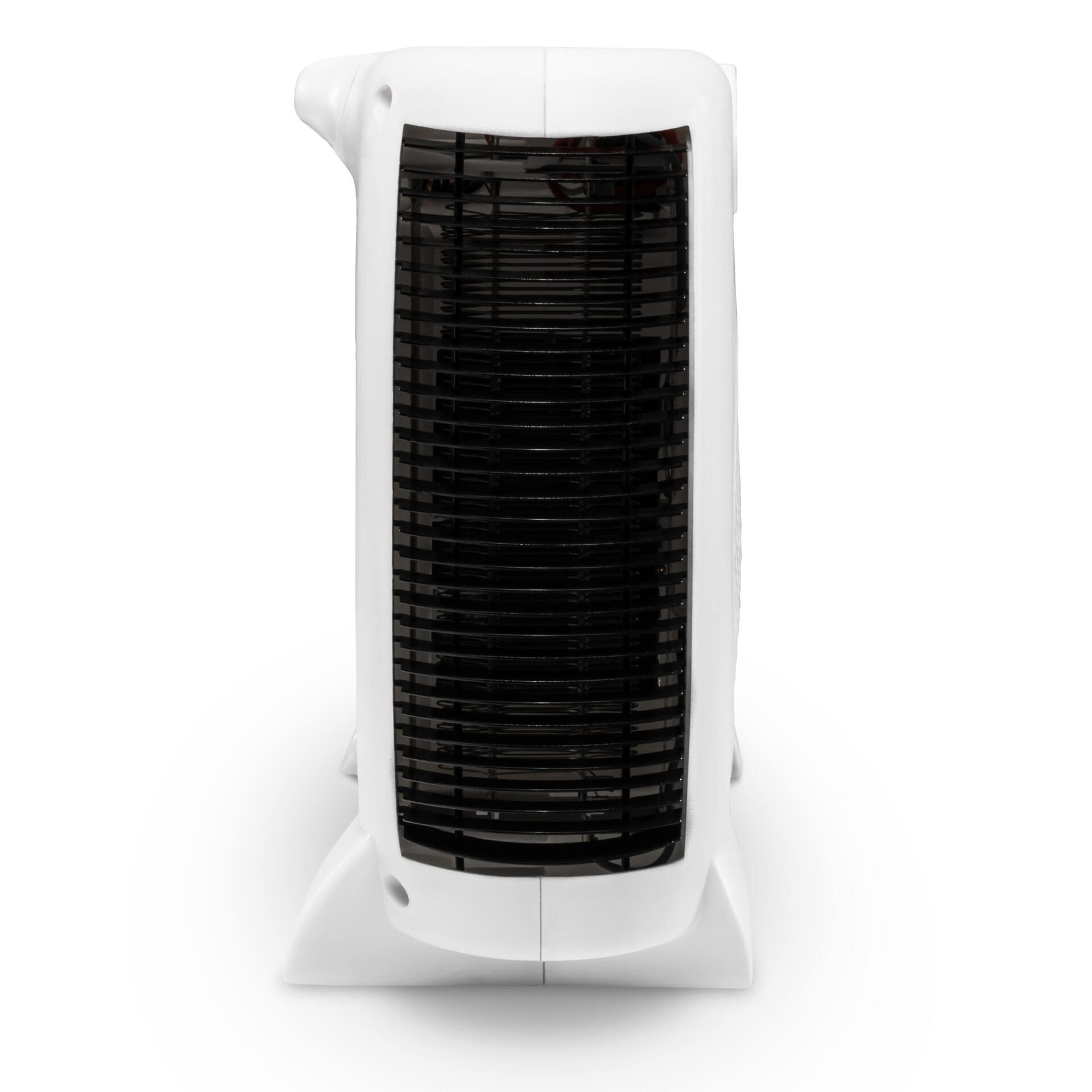 Frontansicht des TFH 19 E Heizlüfters: Kompakt, weißes Gehäuse mit schwarzen Lüftungsgittern. Ideal für schnelle Wärme. Heizlüfter TFH 19 E.