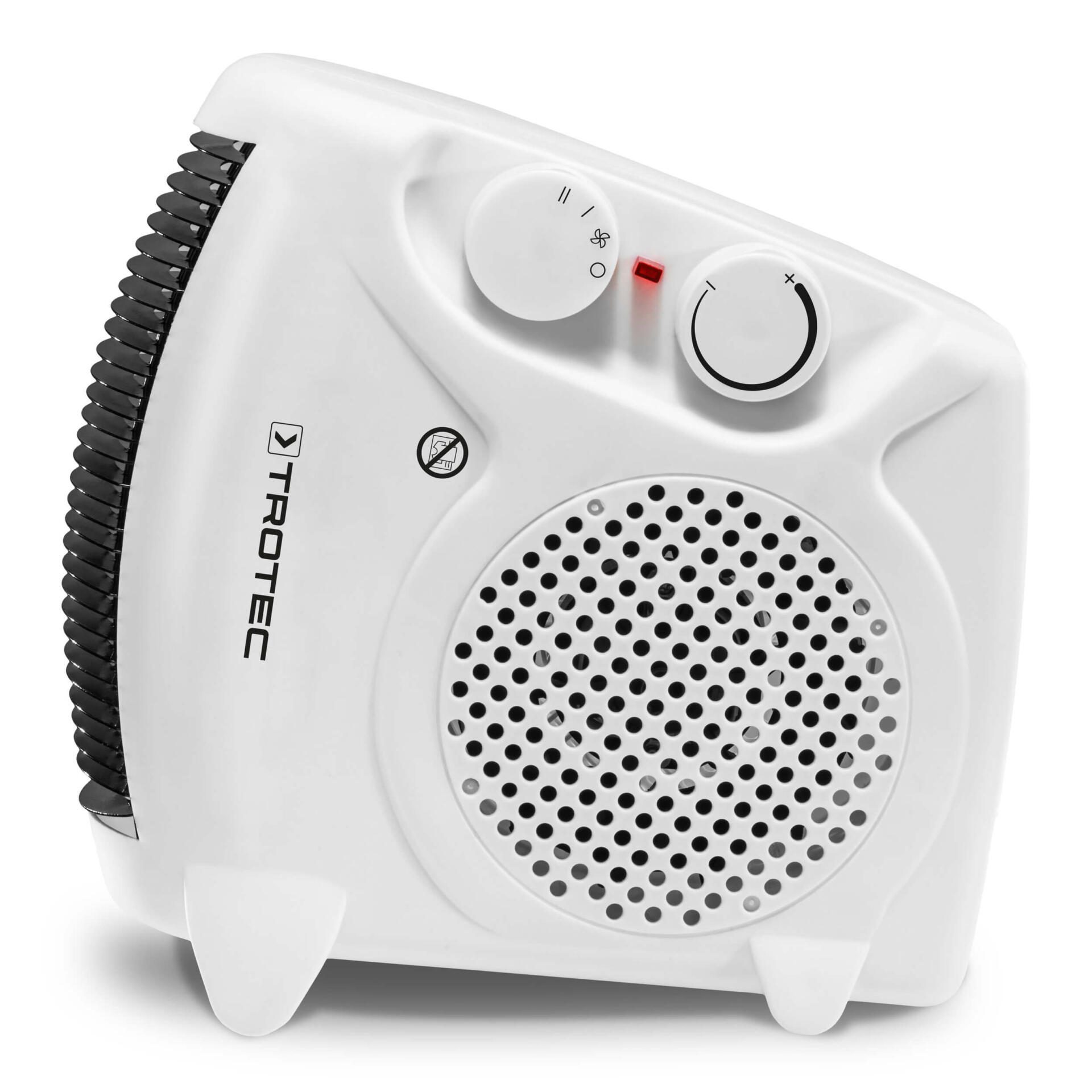 Weißer Trotec TFH 19 E Heizlüfter mit runder Front, Bedienelementen oben und Logo an der Seite. Kompakte Heizlösung für Zuhause. Top!