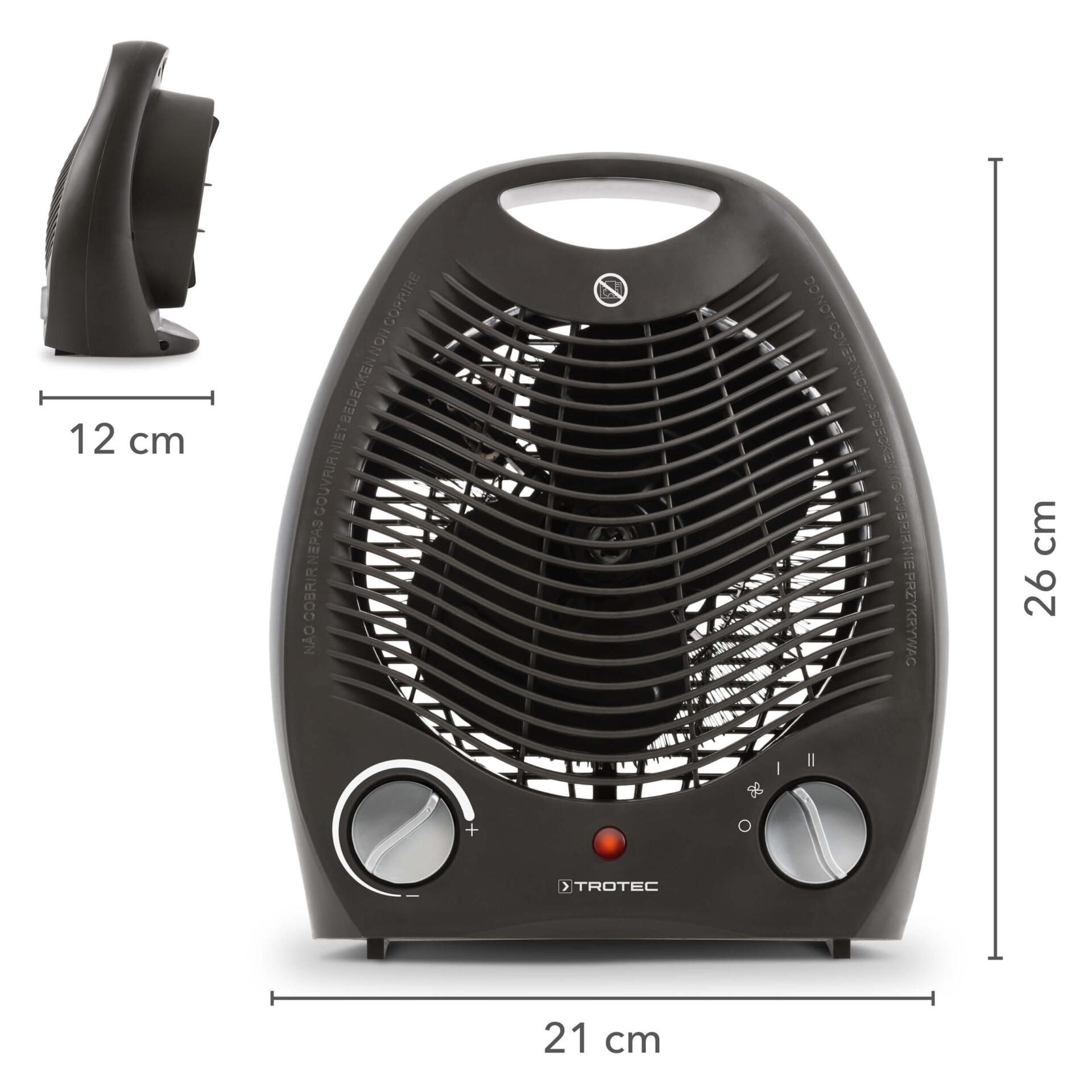 Heizlüfter TFH 20 E von Trotec: Kompakter, schwarzer Heizlüfter mit Maßen 26x21x12cm. Ideal für schnelle Wärme. Leistungsstark und effizient.