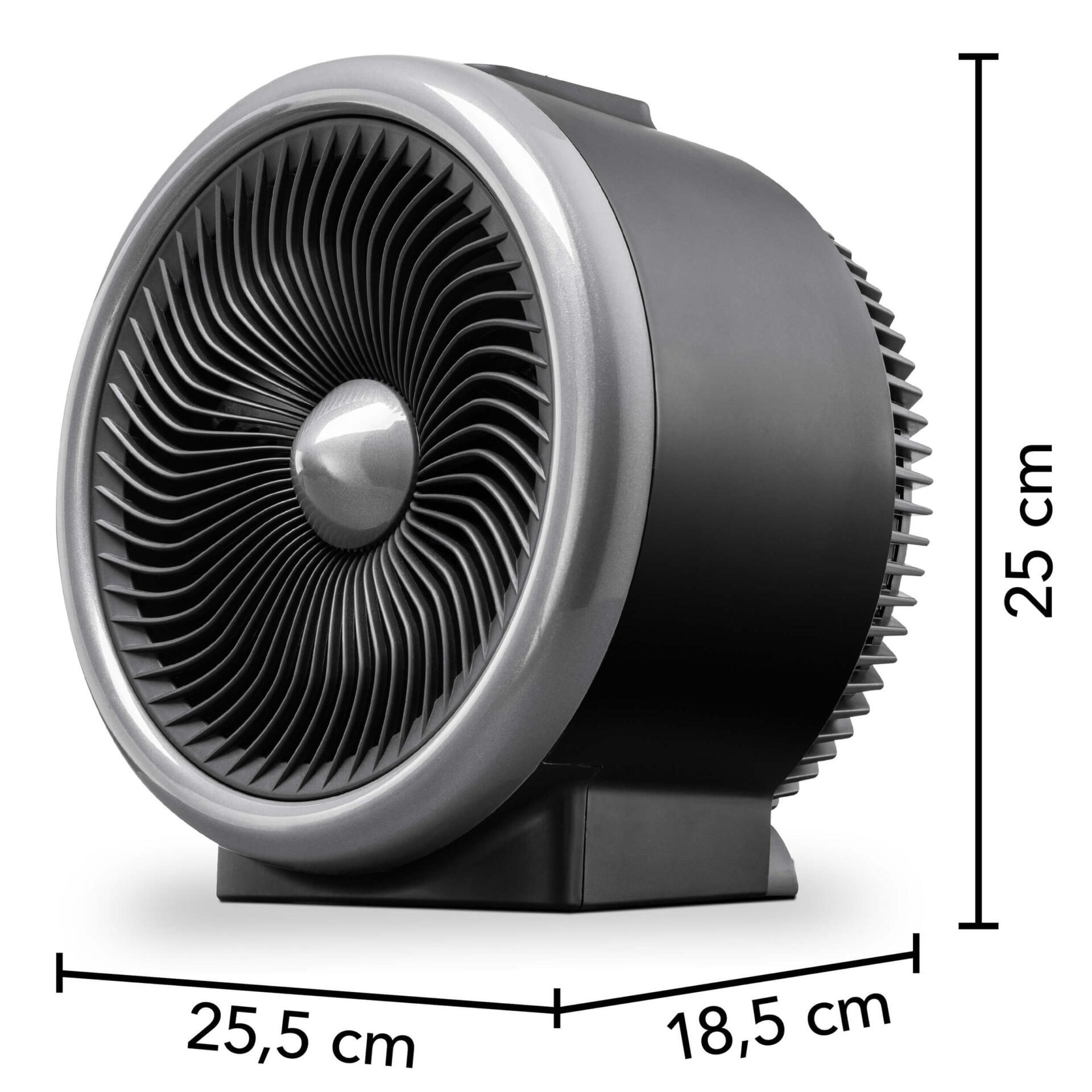 Abbildung eines 2-in-1 Heizlüfter-Ventilator TFH 2000 E in Schwarz und Silber mit Größenangaben. Ideal für schnelle Wärme und Kühlung.