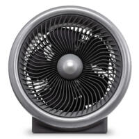 Nahaufnahme des 2-in-1 Heizlüfter Ventilator TFH 2000 E. Silbernes Gehäuse, schwarze Lüfterblätter für Heizen und Kühlen. Ideal für Zuhause.