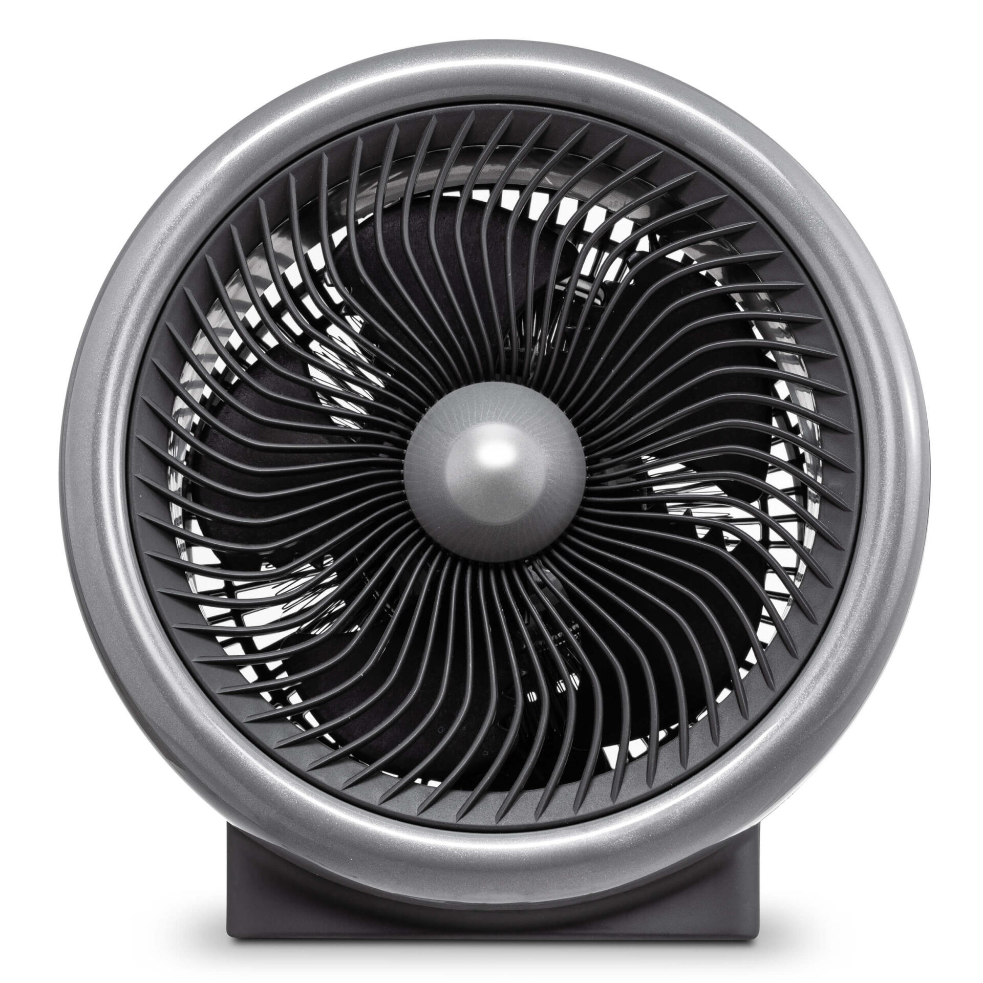 Nahaufnahme des 2-in-1 Heizlüfter Ventilator TFH 2000 E. Silbernes Gehäuse, schwarze Lüfterblätter für Heizen und Kühlen. Ideal für Zuhause.