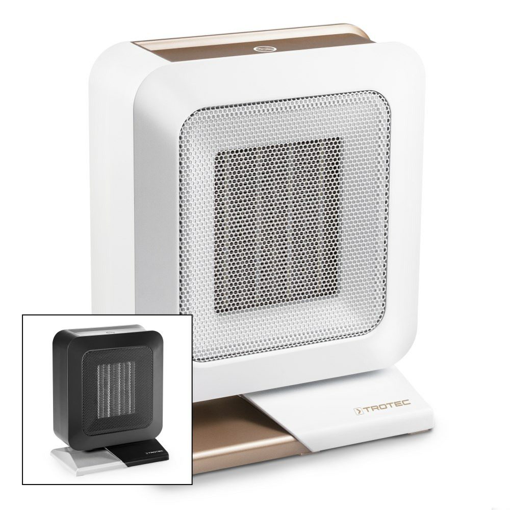 Keramik-Heizlüfter TFC 14 E: Weißer Heizlüfter mit Gitterfront und kleinem schwarzen Modell. Kompakte Wärme für Zuhause. Trotec Heizlüfter.