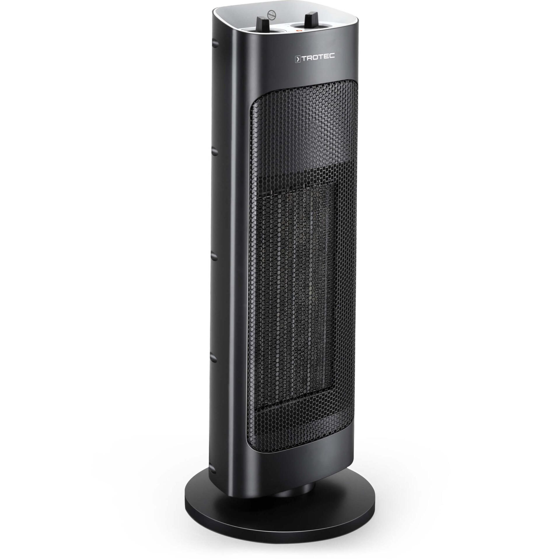 Schwarzer Keramik-Heizlüfter TFC 20 E von Trotec. Kompakter Turm-Heizlüfter für schnelle, punktuelle Wärme. Ideal für kleine Räume. Effiziente Heizung.