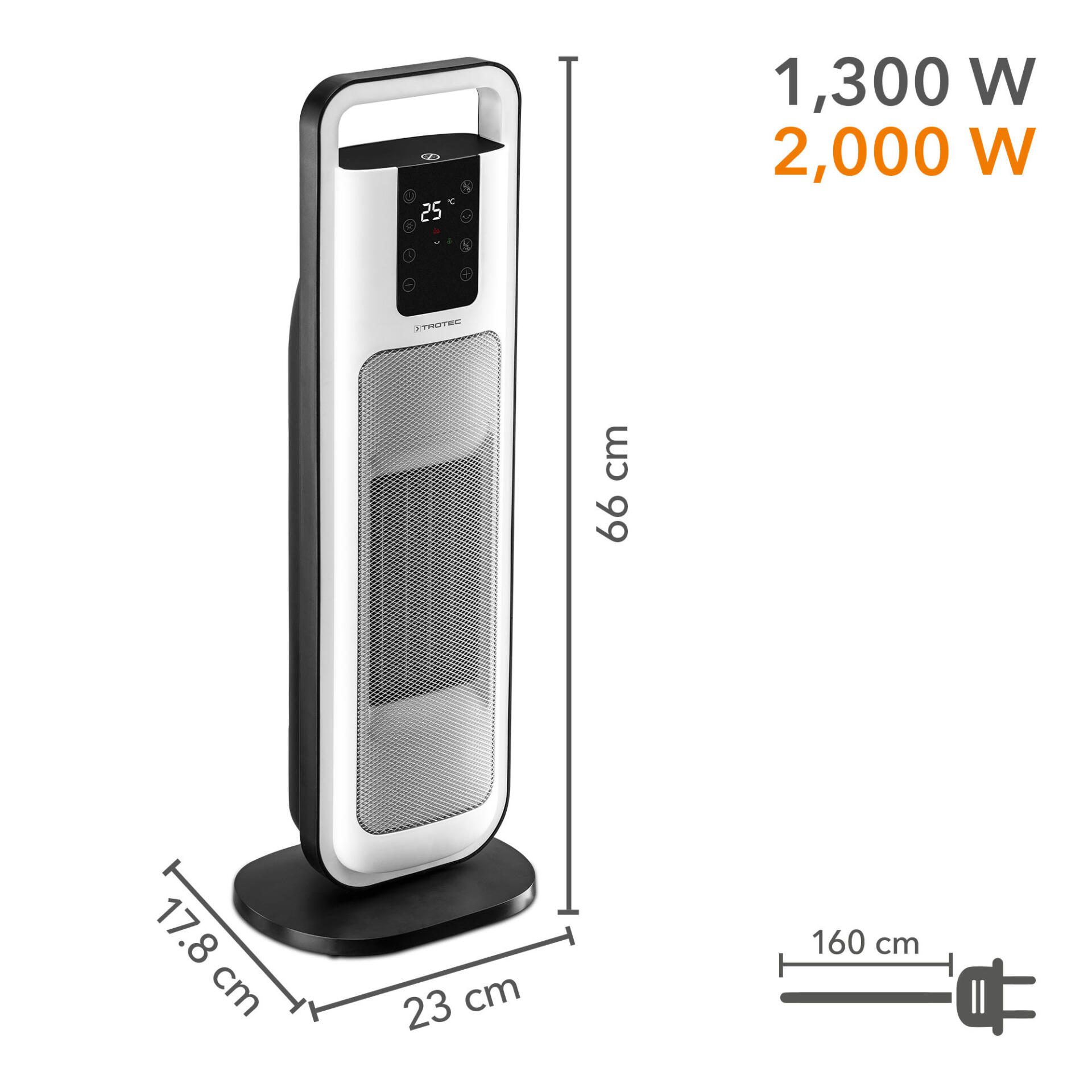 Keramik-Heizlüfter TFC 21 E: Kompakter, weißer Heizlüfter mit digitalem Display und Größenangaben. Ideal für schnelle, effiziente Wärme.