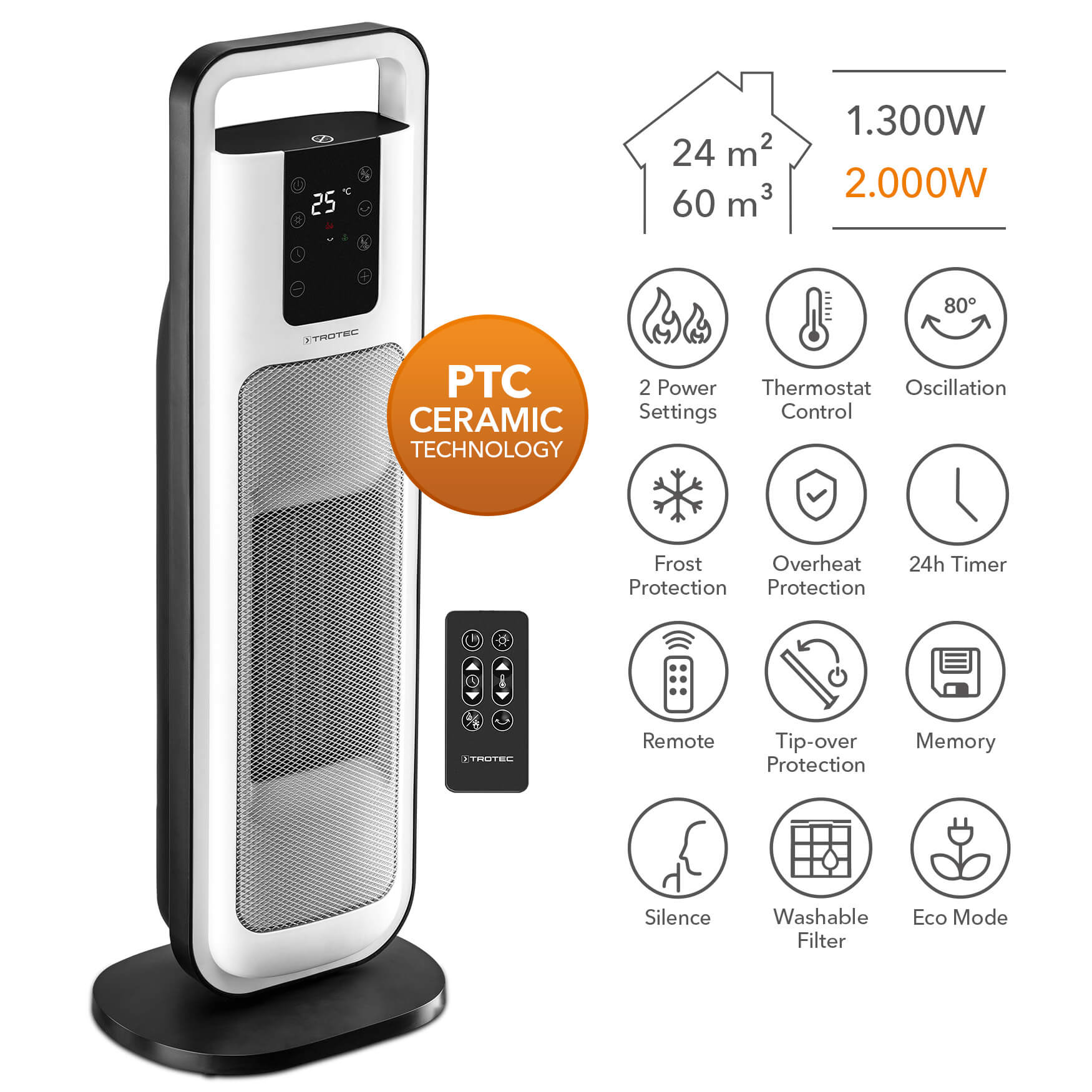 Keramik-Heizlüfter TFC 21 E: Moderner Turm-Heizlüfter mit PTC Keramik Technologie für effiziente Wärme. Ideal für schnelle, behagliche Wärme.