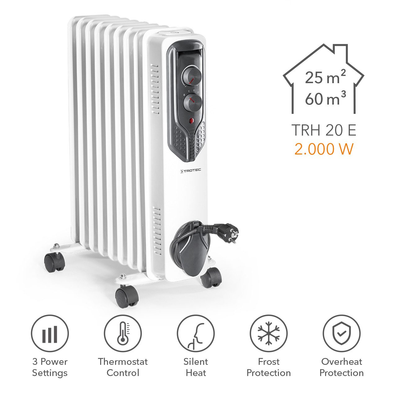 Weißer Ölradiator TRH 20 E von Trotec auf Rollen. Heizleistung 2.000 W, mit Thermostat, Frostschutz und Überhitzungsschutz für Räume bis 25 m².