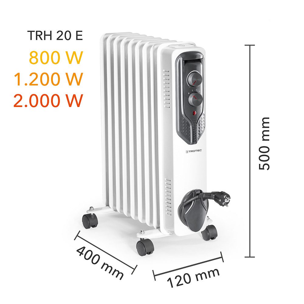 Trotec Ölradiator TRH 20 E: Mobiler Heizkörper mit 3 Heizstufen (800/1200/2000W) und Rollen. Ideal für Wohnräume. Modell: 1410000710_lradiator.
