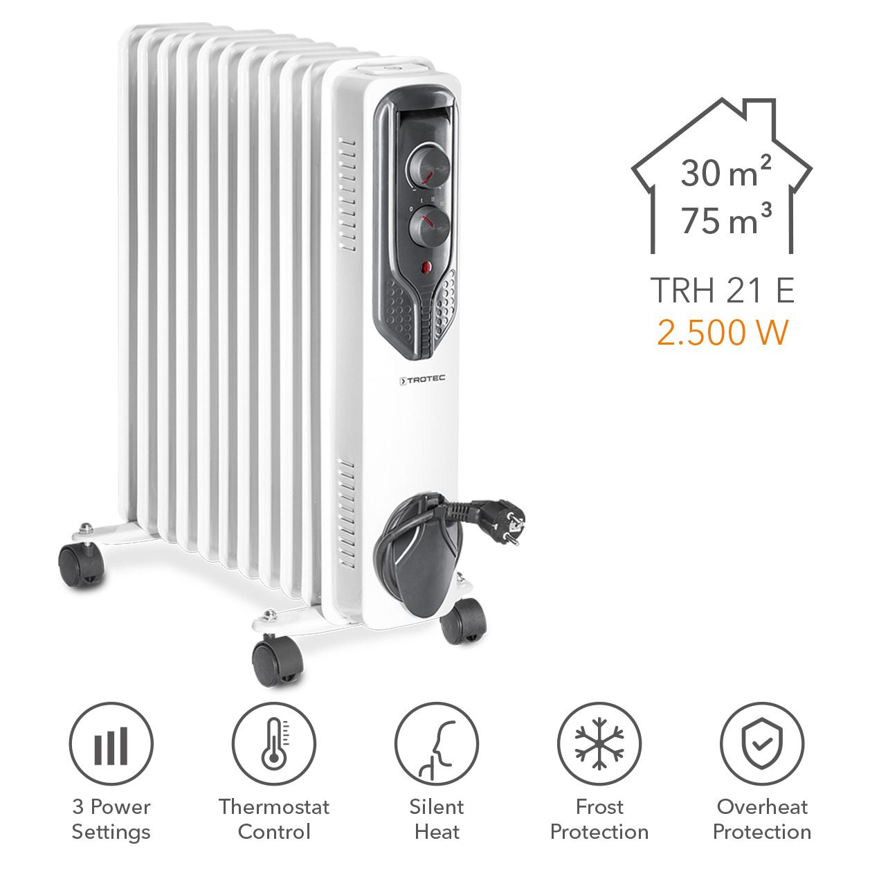 Weißer Ölradiator TRH 21 E von Trotec, ideal für Räume bis 30 m². Heizgerät mit Thermostat, Frostschutz & Überhitzungsschutz für angenehme Wärme.