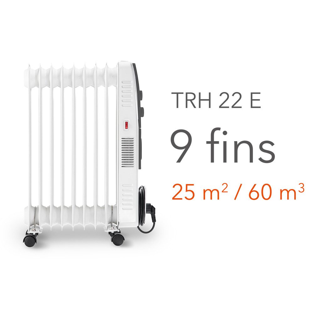 Detailaufnahme eines weißen Lradiator TRH 22 E mit 9 Heizrippen, ideal für Räume bis 25 m²/60 m³. Mobile Heizlösung für Komfort.