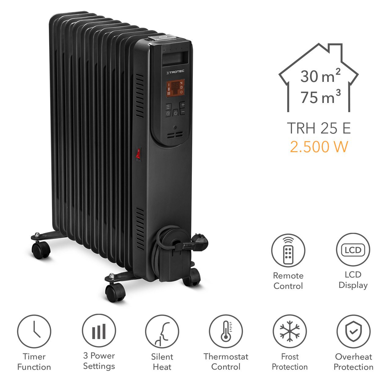 Schwarzer Ölradiator TRH 25 E von Trotec, ideal für Räume bis 30 m². Heizleistung 2.500 W, mit Rollen und digitaler Steuerung.