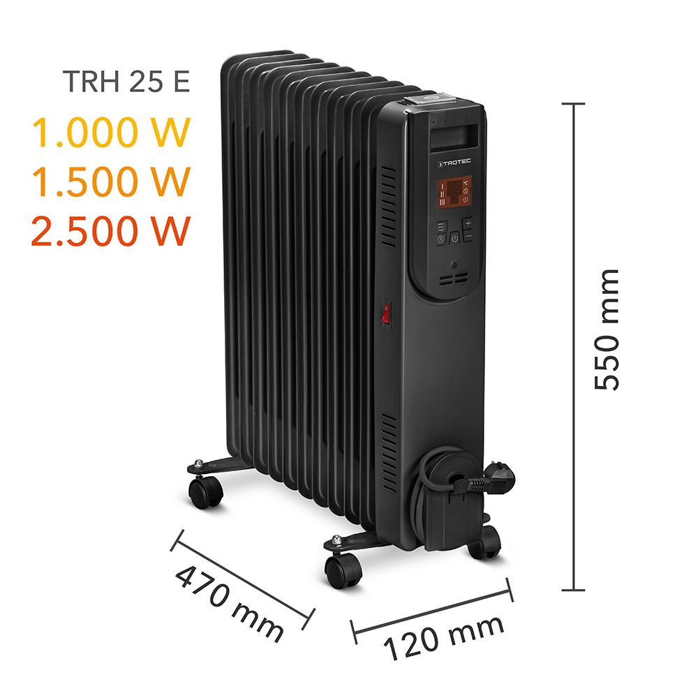 Schwarzer Ölradiator TRH 25 E von Trotec. Heizleistung: 1000W, 1500W, 2500W. Abmessungen: 550mm Höhe, 470mm Breite, 120mm Tiefe.