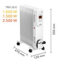 Weißer Ölradiator TRH 26 E von Trotec mit 3 Heizstufen (1000W, 1500W, 2500W) und Abmessungen (550mm Höhe, 470mm Breite, 120mm Tiefe).