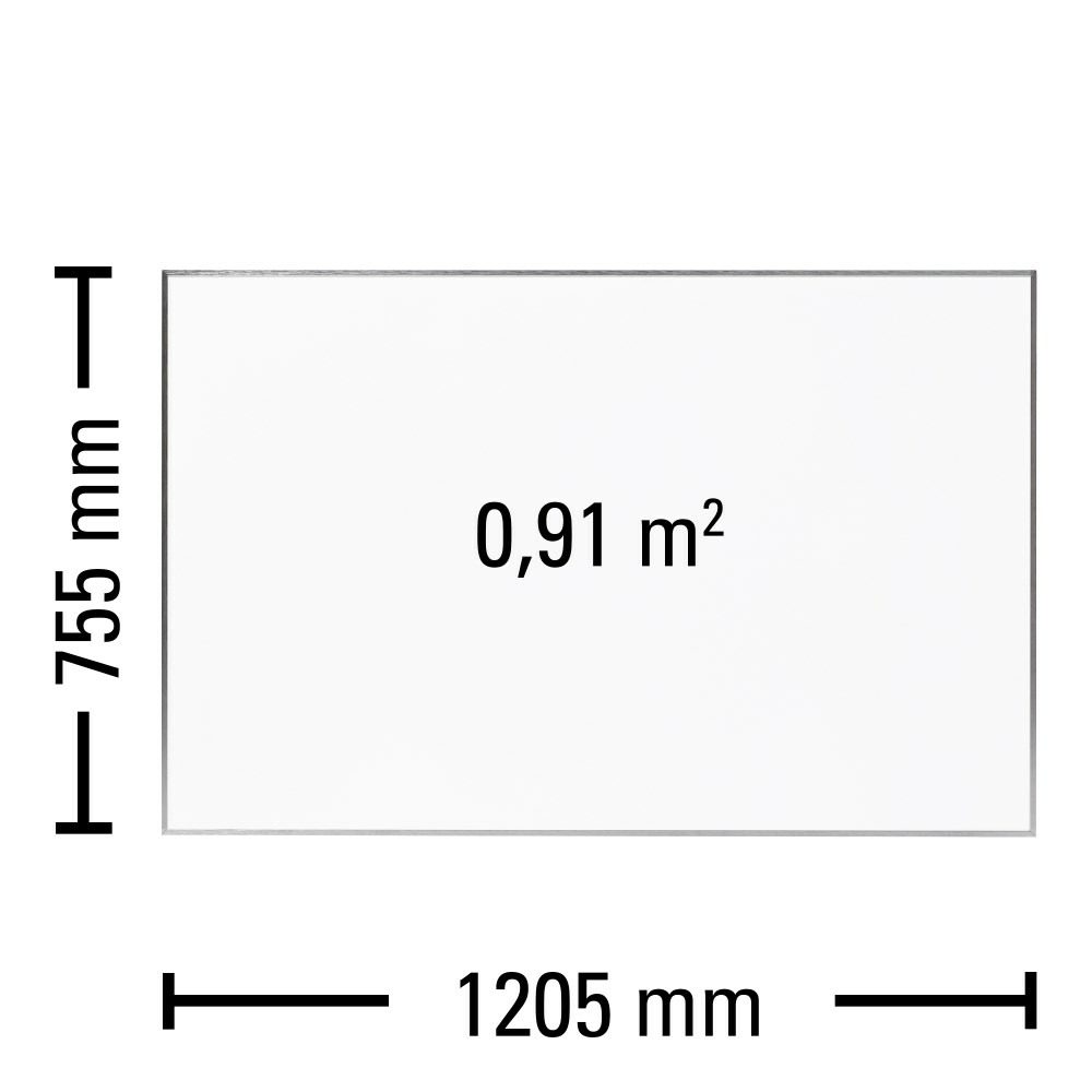 Technische Zeichnung einer Infrarotheizplatte TIH 900 S. Abmessungen: 1205 mm x 755 mm, Fläche: 0,91 m². Ideal für Infrarotheizung Projekte.